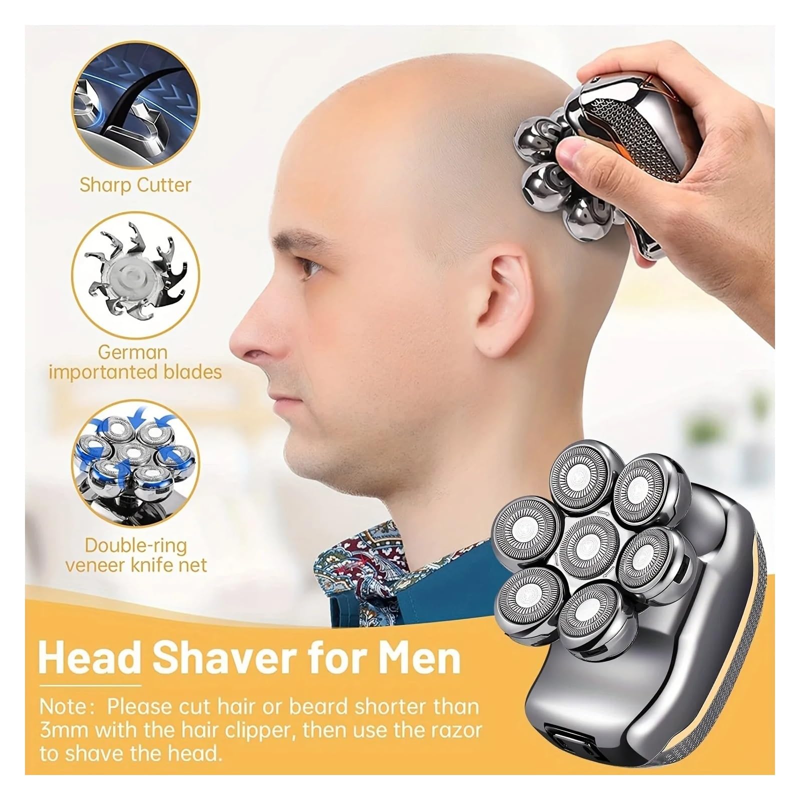 Rechargeable Electric Head Shaver for Men - 6-in-1 Waterproof Cordless Bald Head Shaver & Beard Trimmer Kit - Wet/Dry Use for Smooth Shaving at Home, Travel & Gym