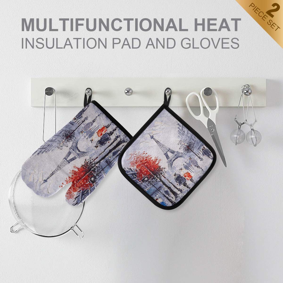 ALAZA Heat Resistant Oven Mitts & Pot Holders Set - Paris Eiffel Tower Art Painting Kitchen Gloves for Cooking, Baking, Grilling - Perfect for French-Themed Kitchens & Gift Giving