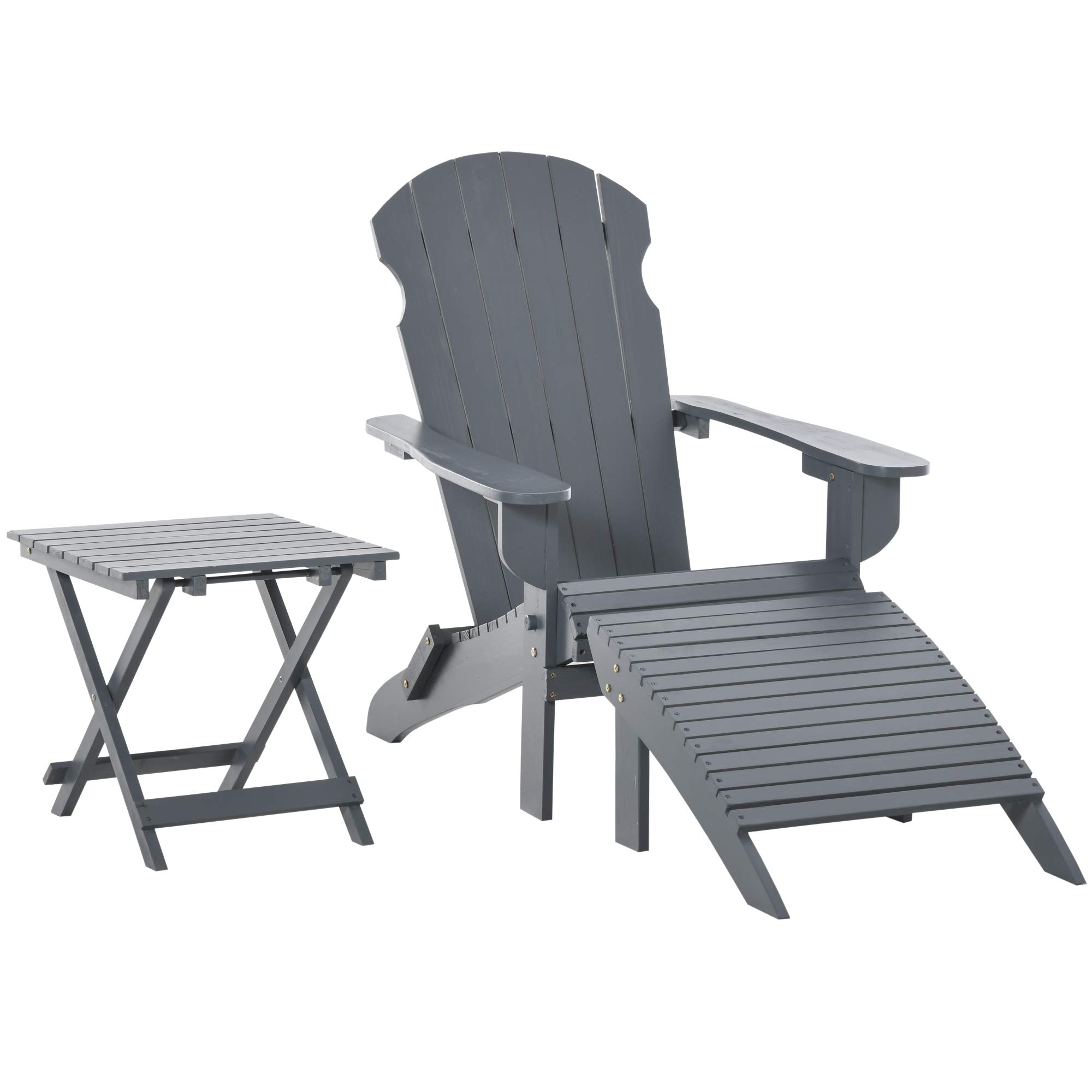 Outsunny 3-Piece Folding Adirondack Chair Set with Ottoman and Side Table - Grey Wooden Outdoor Patio Furniture for Backyard, Garden, Lawn & Fire Pit Lounge - Perfect for Relaxing, Entertaining & Outdoor Gatherings