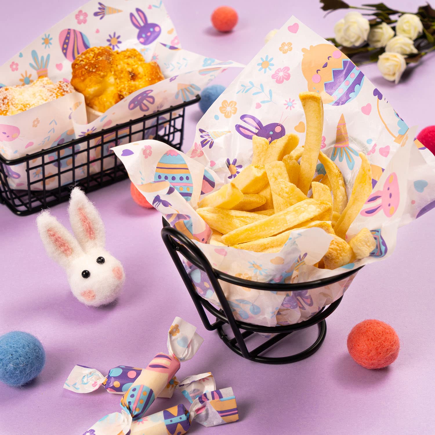 100 Pcs Easter Wax Paper Sheets - Waterproof Oil-proof Parchment Paper for Food Wrapping, Sandwich, Candy & Cookies - Rabbit Egg Floral Pattern Kitchen Baking Supplies - Perfect for Easter Treats, Party Favors & Handmade Food Packaging