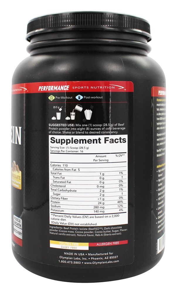 Olympian Labs Beef Protein Isolate Powder - 24g Protein per Serving, BST Free, 2g BCAAs, Muscle Building Amino Acids, 1lb Chocolate Flavor - Ideal for Post-Workout Recovery & Fitness Enthusiasts