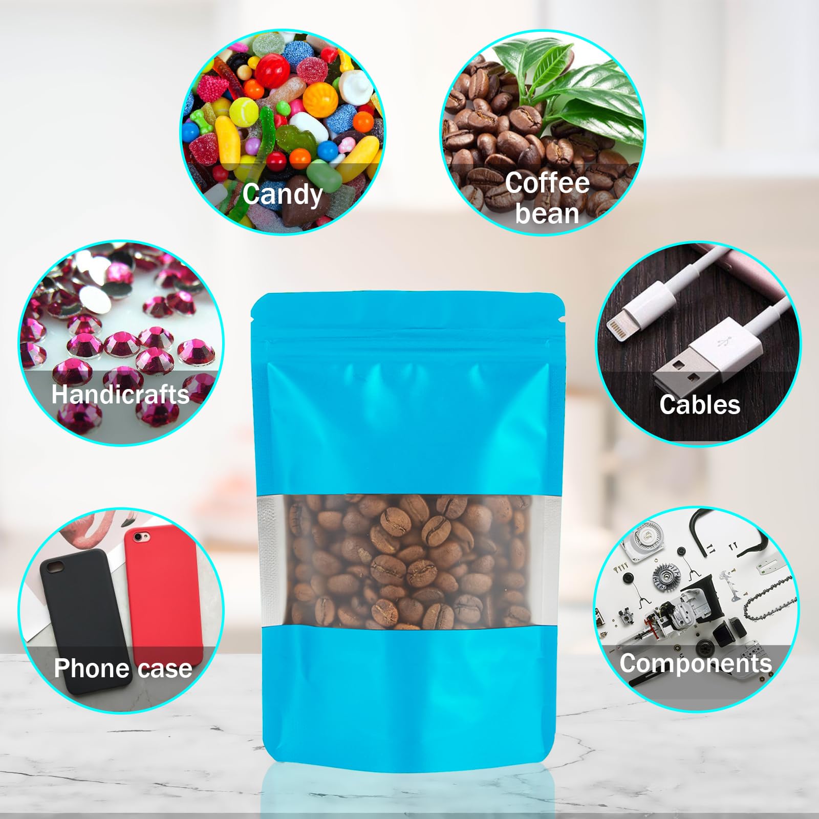 100-Pack 4x6 Inch Resealable Mylar Bags with Clear Window & Zipper Lock - Stand Up Foil Pouch for Food Storage, Coffee, Tea, Snacks - Airtight & Moisture-Proof (Blue)