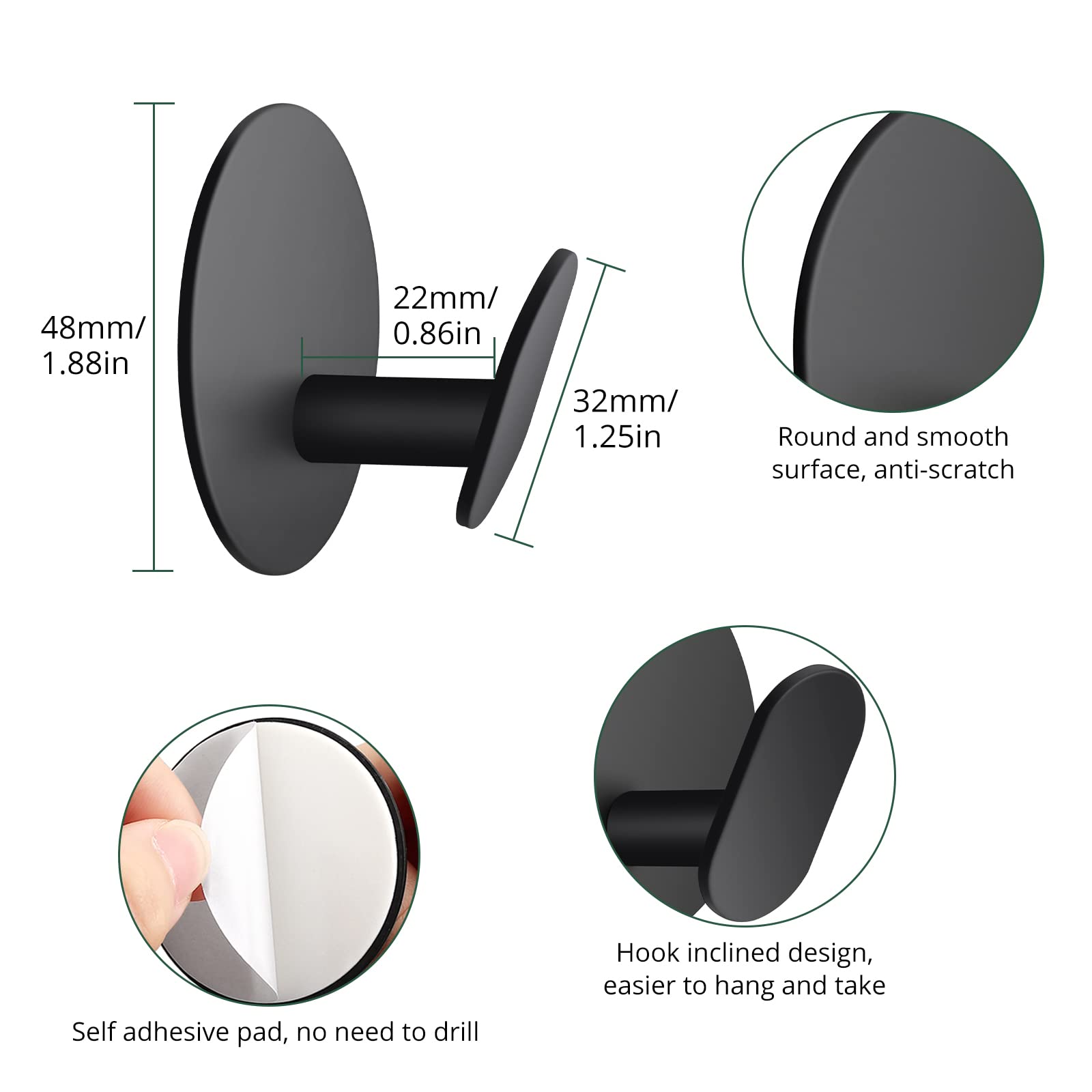 JiGiU 6-Pack Matte Black Adhesive Hooks - Heavy Duty Stainless Steel Wall Hooks for Towels, Coats & Hats | Waterproof Sticky Hooks for Bathroom, Bedroom, Kitchen, Closet & Cabinet Organization | Perfect for Hanging Robes, Keys & Decor in Small Spaces