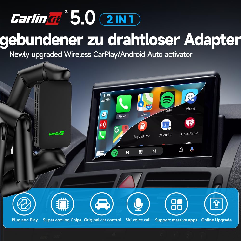 Carlinkit 5.0 Wireless CarPlay & Android Auto Adapter - 2-in-1 Bluetooth Dongle for Cars with Wired CarPlay/Android Auto (2017-2024 Models) | Hands-Free Calling, GPS Navigation & Music Streaming | Perfect for Commuting & Road Trips
