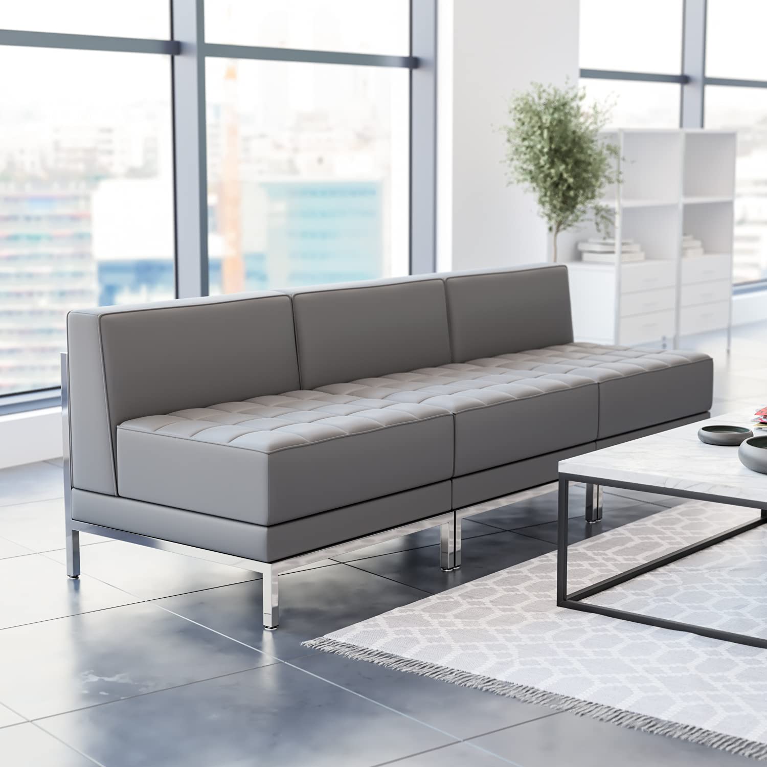 Emma & Oliver 3-Piece Gray LeatherSoft Modular Reception Lounge Set with Bench - Modern Office Waiting Room Furniture for Lobby, Hotel, or Clinic Reception Area