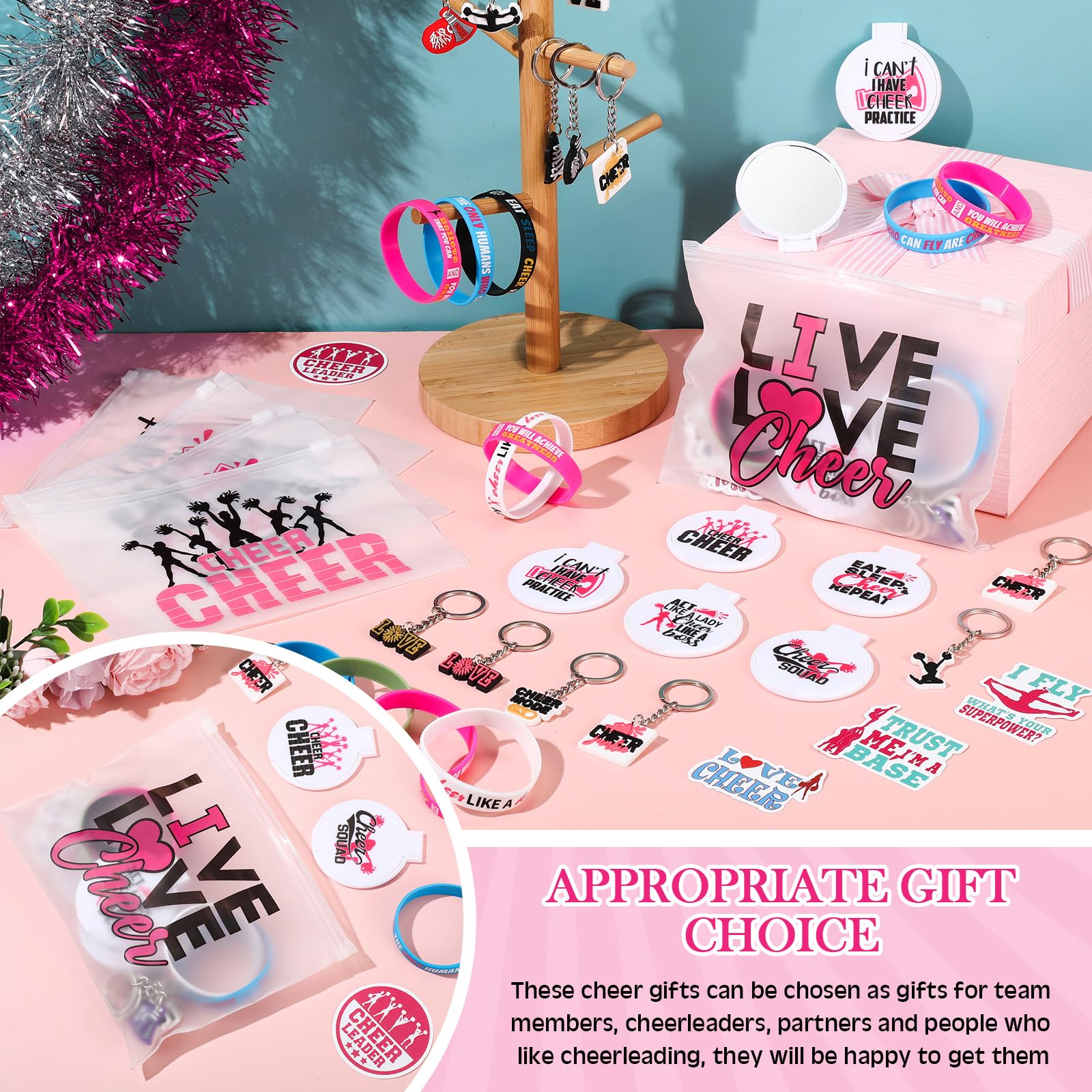 121 Pcs Cheerleader Gift Set - 30 Zipper Makeup Bags, 30 Keychain Wristbands, Mirror & Waterproof Stickers for Women, Girls & Teammates - Perfect for Cheerleading Competitions, Team Events & Gifts