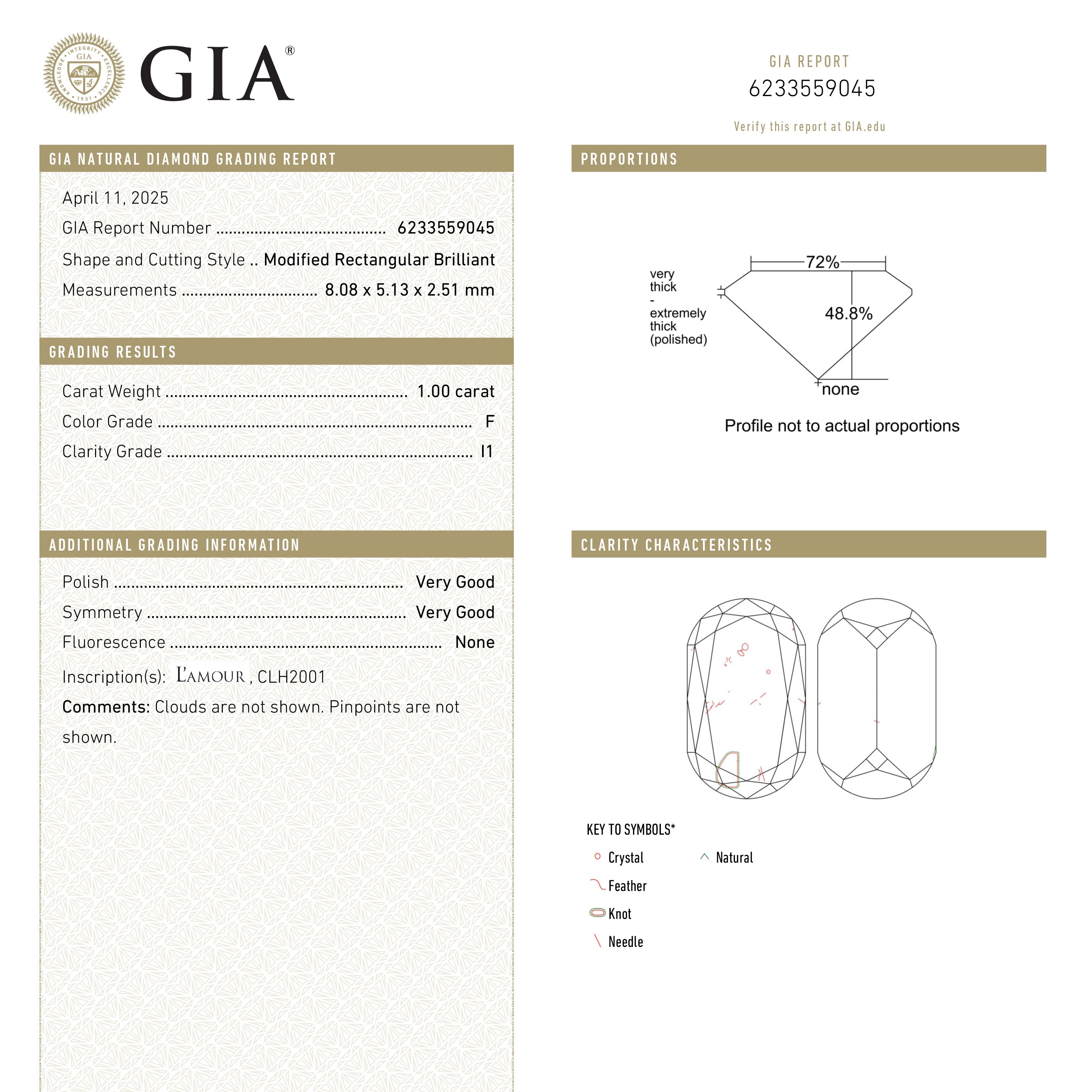 1.00ct GIA Certified Cushion Cut Diamond - 8.08x5.13x2.51mm, I1 Clarity, F Color | Engagement Ring, Wedding Jewelry, Anniversary Gift