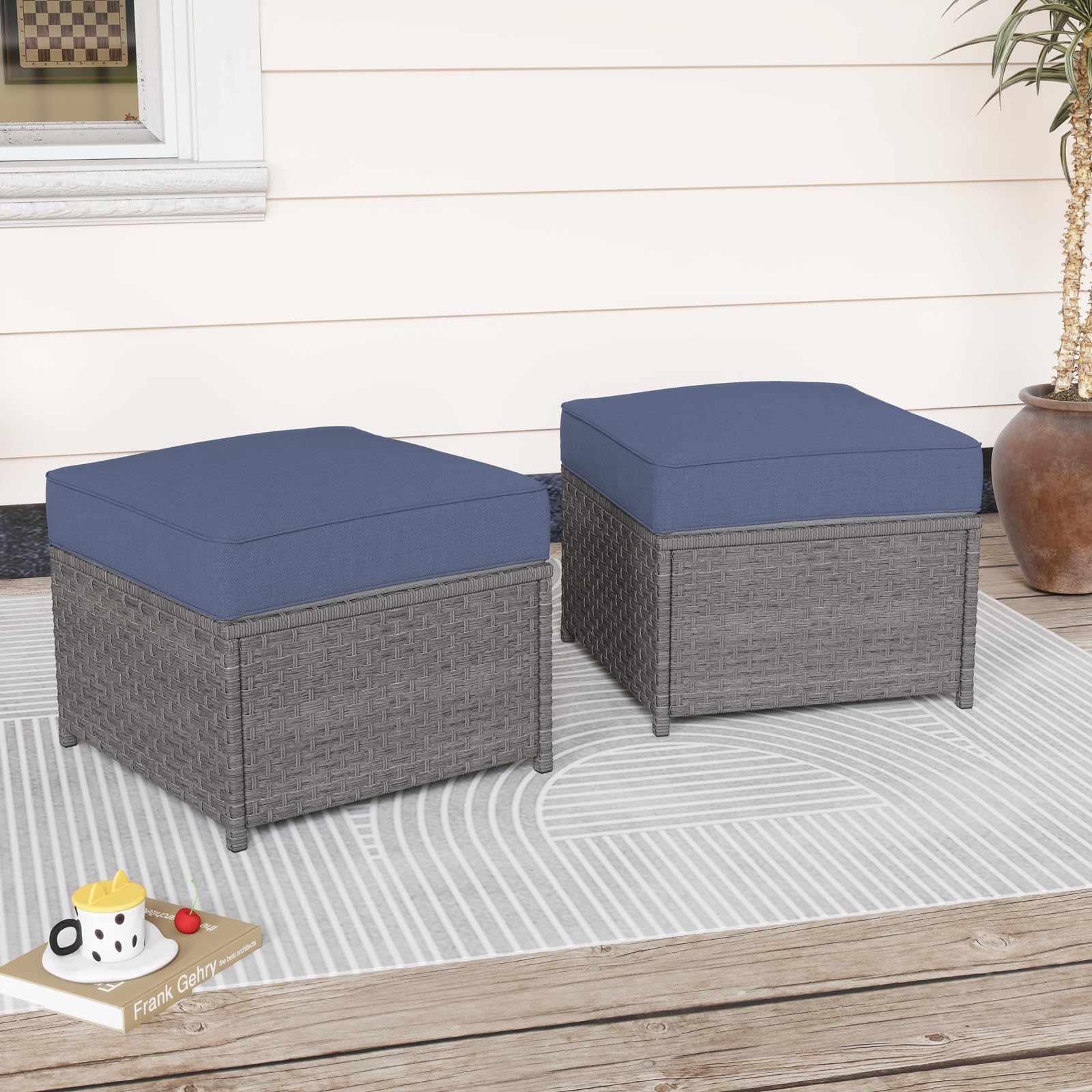Outdoor Patio Ottoman Set of 2 - All-Weather Wicker Footstool with Olefin Denim Blue Cushions - Grey Rattan Footrest for Balcony, Porch, Deck & Garden Relaxation