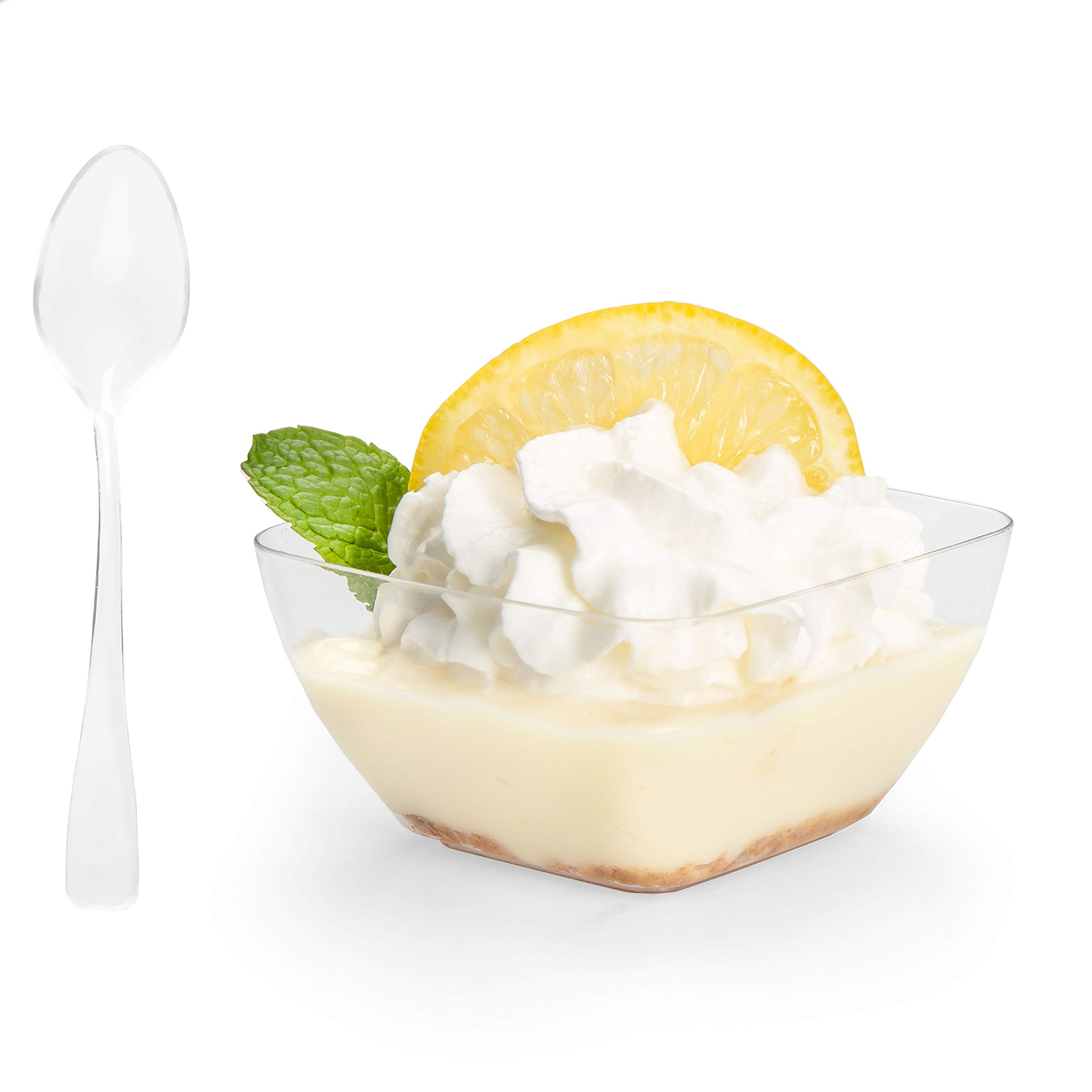Ilyapa 2oz Clear Plastic Dessert Cups with Spoons - 100 Pack Reusable Mini Appetizer Containers for Cheesecake Shooters, Chocolate Mousse, Parfait - Perfect for Parties, Catering, Weddings & Dessert Bars - Square Small Disposable Cups