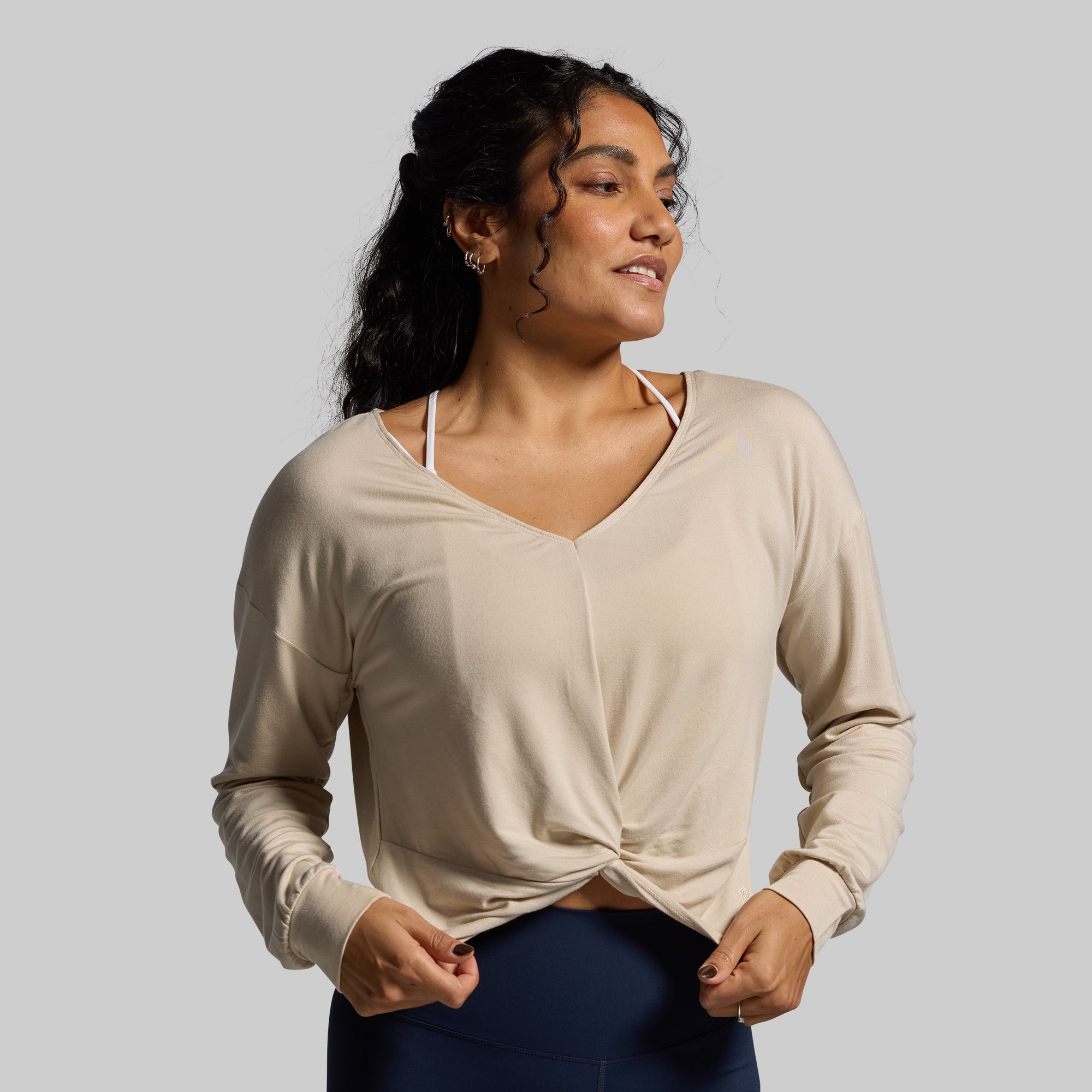 Two-Way Long Sleeve Shirt for Women - Soft Oatmeal Color - Versatile Front/Back Reversible Design - Perfect for Layering or Standalone Wear - Office, Casual & Travel Outfits
