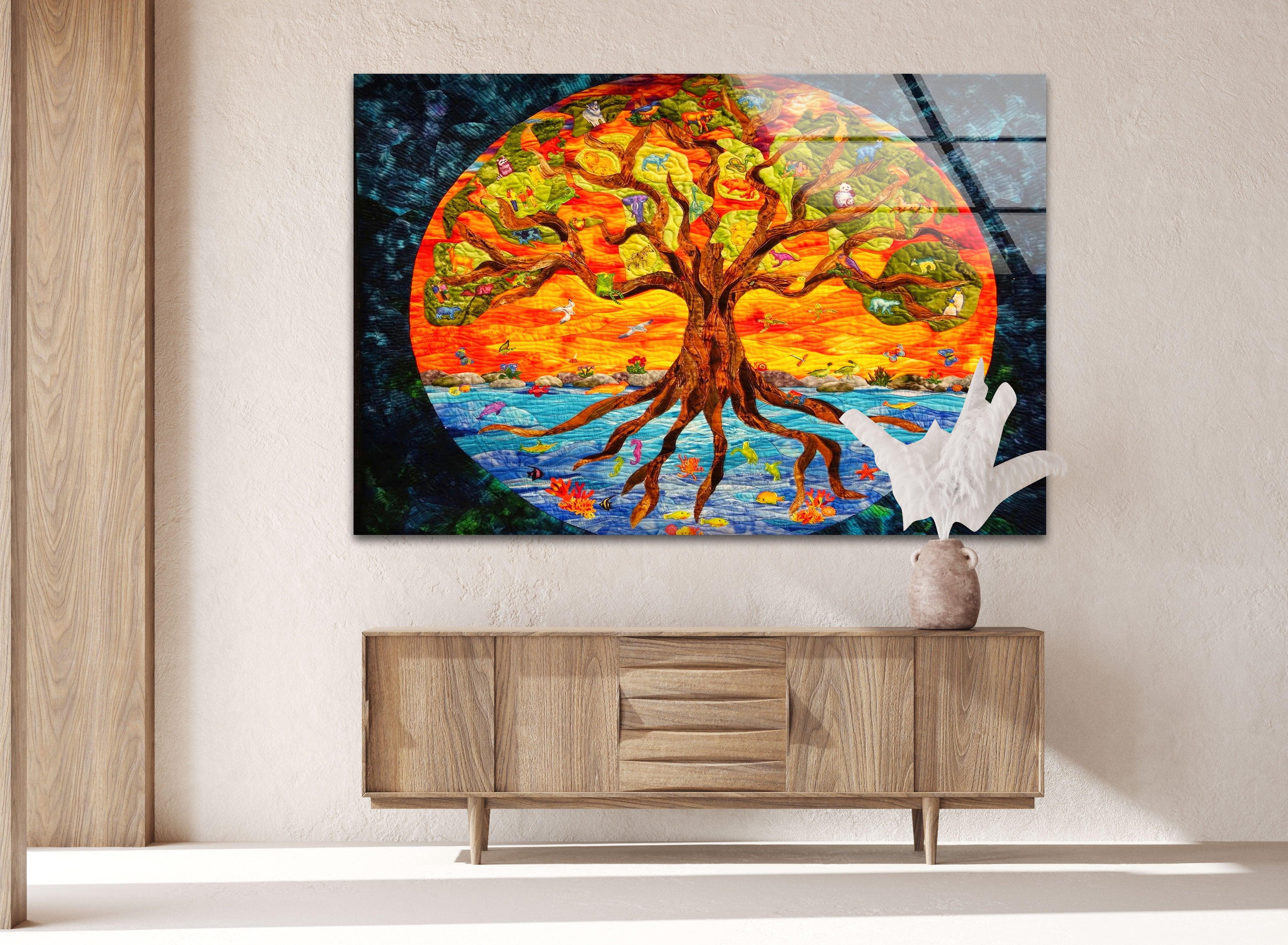 Big Tree of Life Glass Wall Art - Handmade Stained Glass Window Decor for Living Room, Bedroom & Office - Spiritual Home Decor Gift