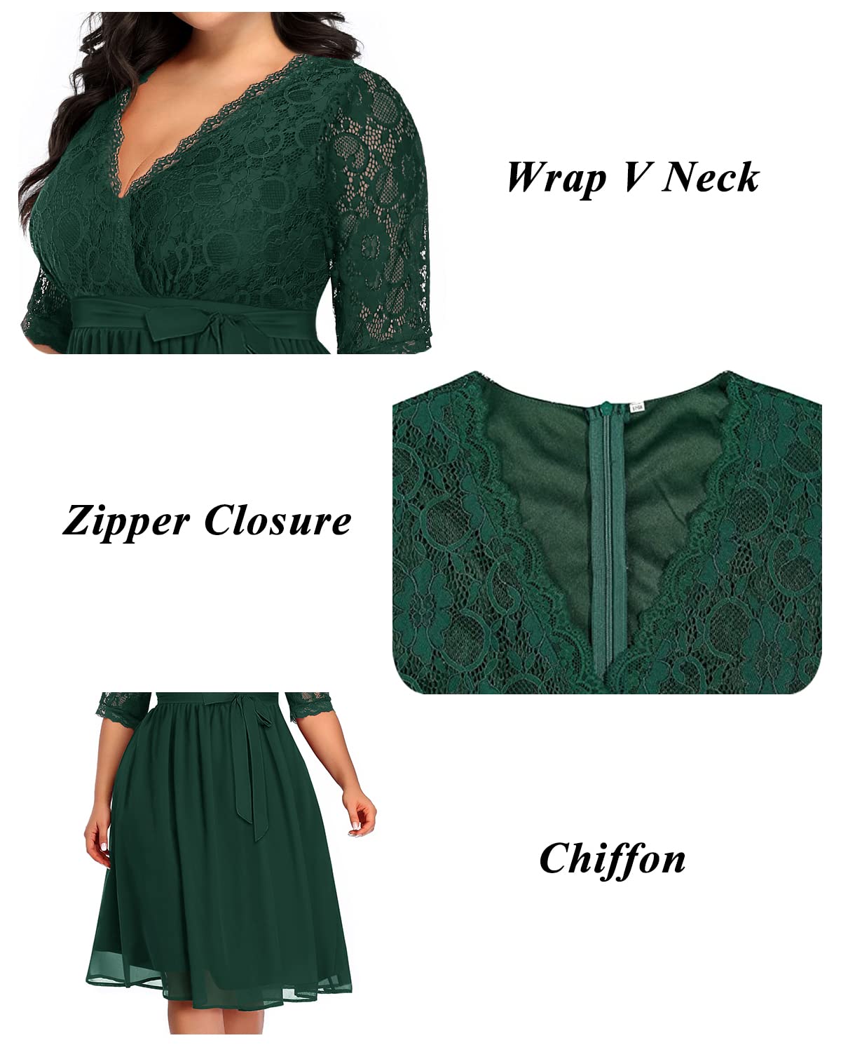 Plus Size Lace Chiffon Wrap V-Neck Cocktail Dress for Women - Elegant Wedding Guest & Party Midi Dress - Perfect for Bridal Showers, Date Nights & Special Occasions