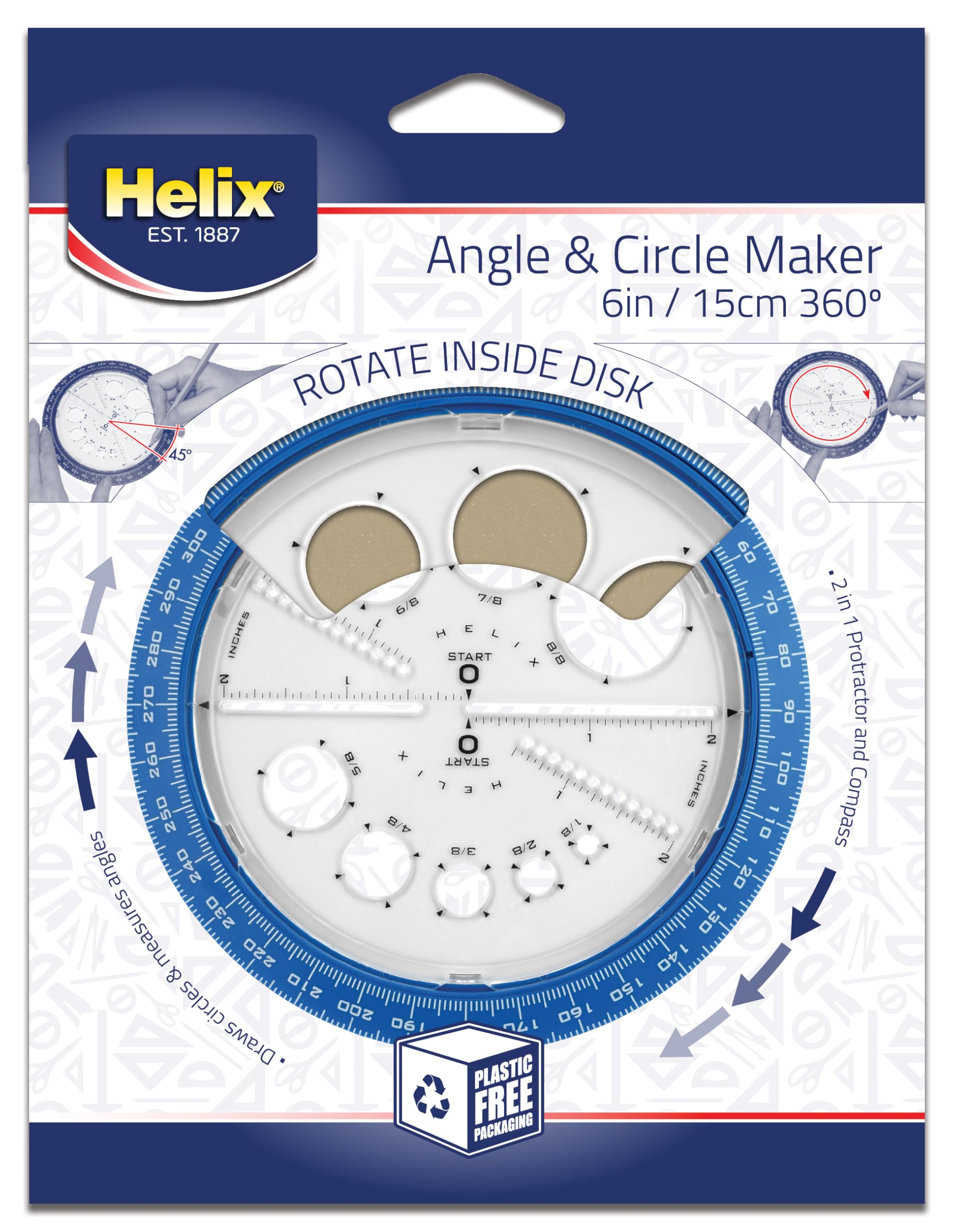 360 Degree Helix Angle and Circle Maker with 6 Inch/15cm Integrated Circle Templates - Assorted Colors (36002) - Perfect for Drafting, Engineering, Math & Art Projects