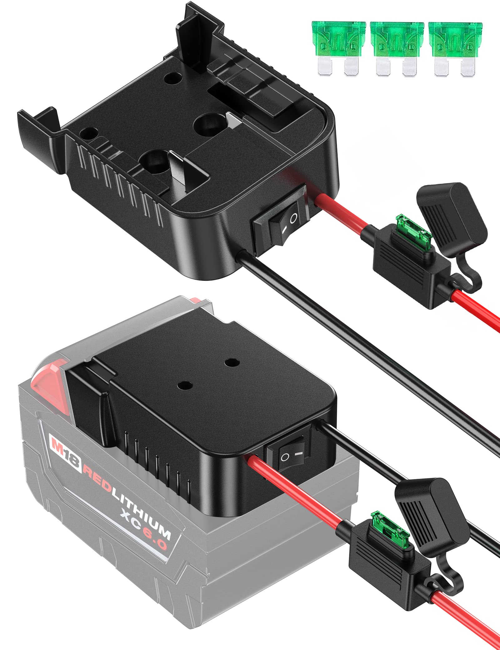 Milwaukee M18 Battery Power Wheel Adapter with Built-in Switch & Fuse - 3Pcs 30A Fuses, 12AWG Wire - Compatible with Milwaukee Tools - Perfect for DIY Projects, Power Wheels, RC Trucks, and Toy Vehicles