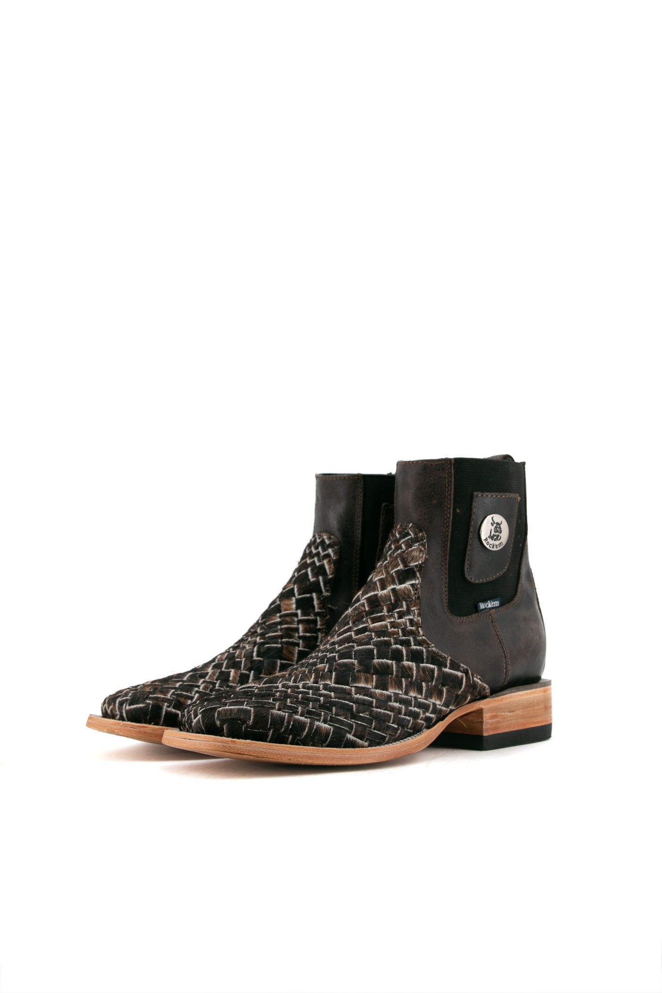 Men's Woven Cowhide Square Toe Ankle Boots - Size 7.5 (Box EM49) - Comfortable & Stylish Western Boots for Casual Wear & Outdoor Activities