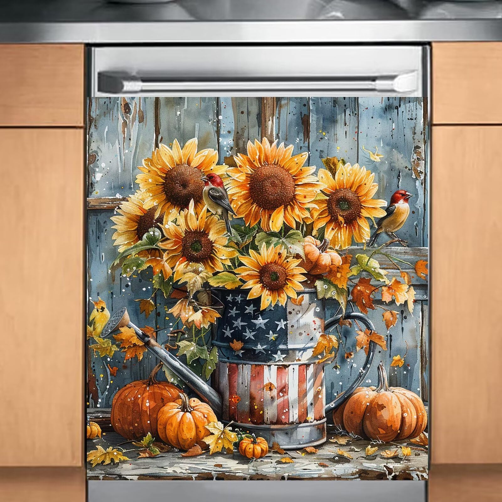 Fall Harvest Magnetic Dishwasher Cover Decal - Diamond Art Pumpkins, Sunflowers & Birds Design - Halloween Kitchen Decor Sticker (23