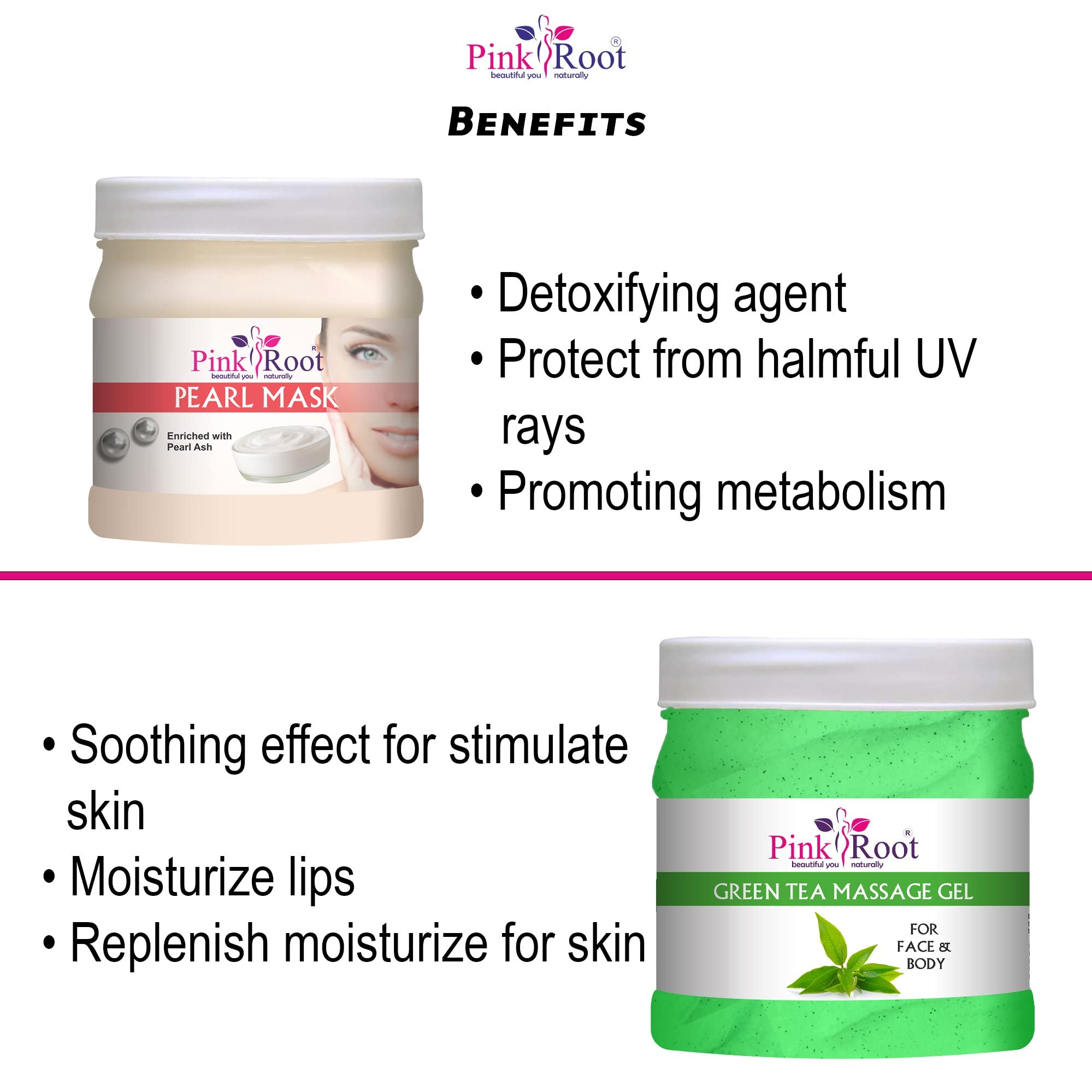 Organic Pink Root Green Tea Massage Gel & Pearl Mask Set - 500ml Each | Hydrating, Anti-Aging Skincare Duo for Face & Body | Perfect for Spa Day, Self-Care Routine & Gift Giving