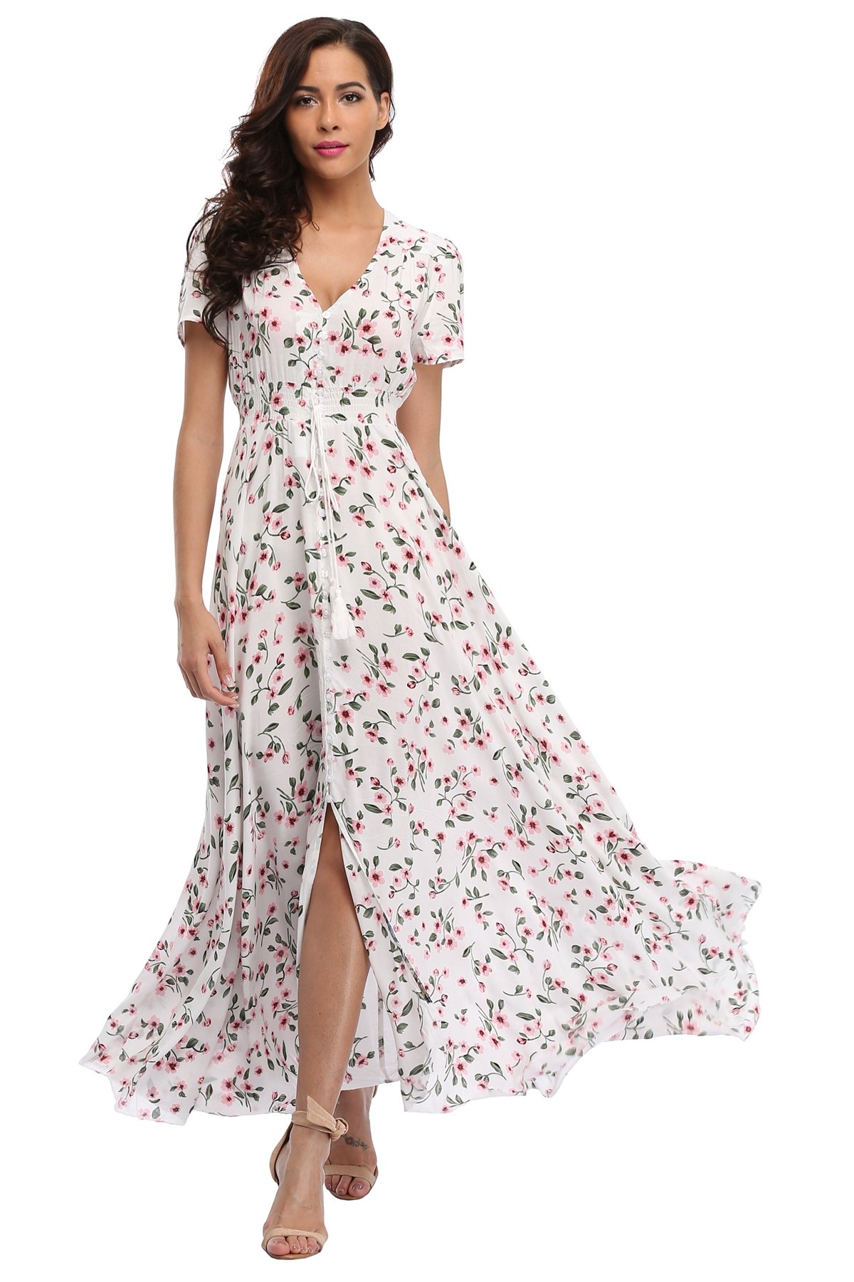 Boho Floral Maxi Dress for Women - Summer Button Up Split Flowy Beach Party Dress - Perfect for Vacations, Weddings & Tropical Getaways