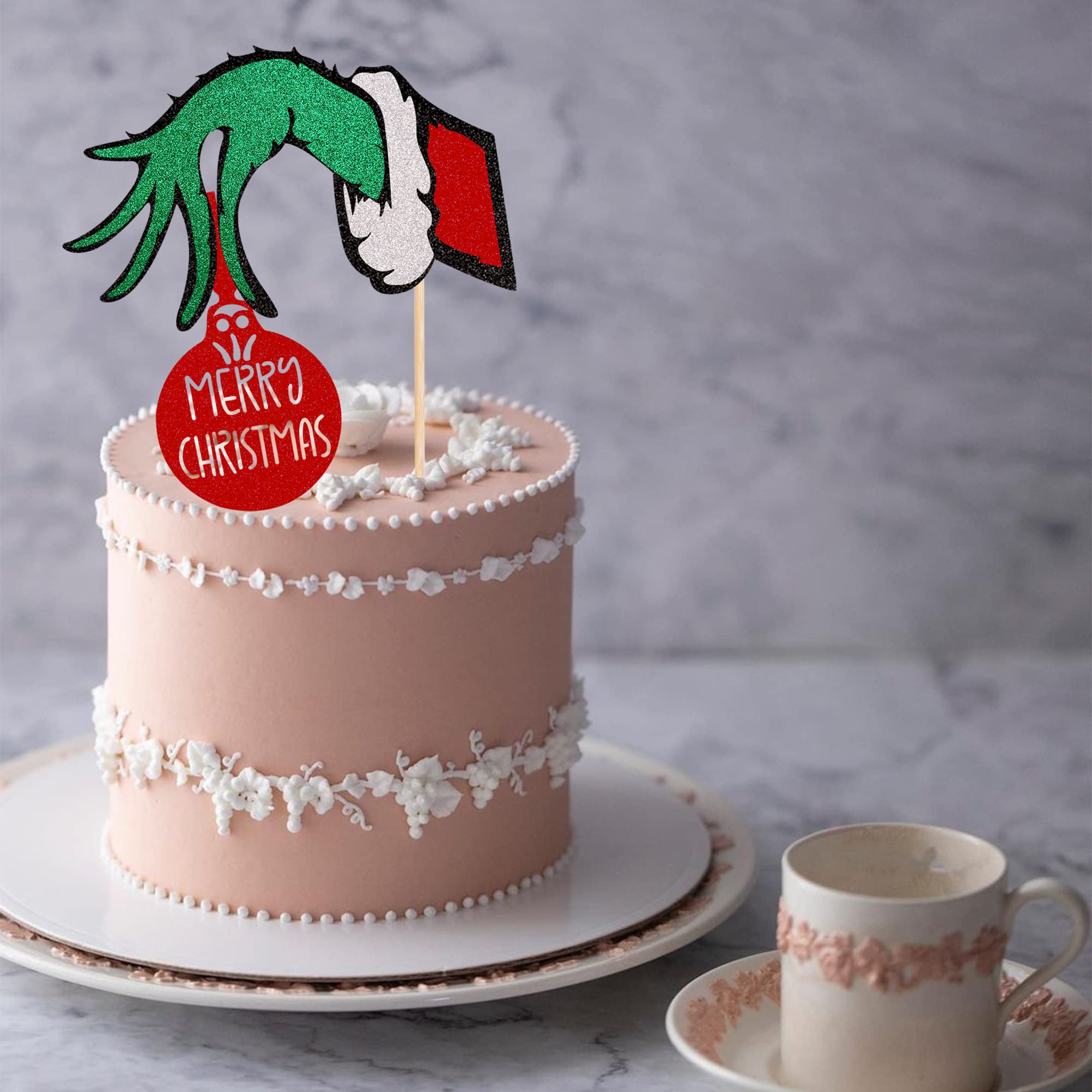 1 PCS Merry Christmas Cake Topper with Red and Green Glitter - Christmas Party Cake Decorations - Holiday Baking Supplies for Christmas Desserts, Cupcakes, and Festive Treats