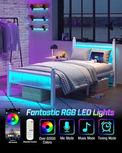 Twin Size LED Bed Frame with USB Charging Station & Under Bed Storage - Heavy Duty Steel Slats, Easy Assembly Metal Platform Bed for Teen Room, Dorm, Guest Bedroom