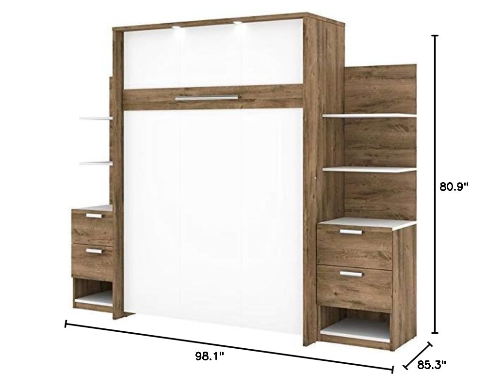 Modern Wood Full Murphy Bed with Nightstands - Rustic Brown & White Finish | Space-Saving Wall Bed for Small Apartments, Guest Rooms & Home Offices