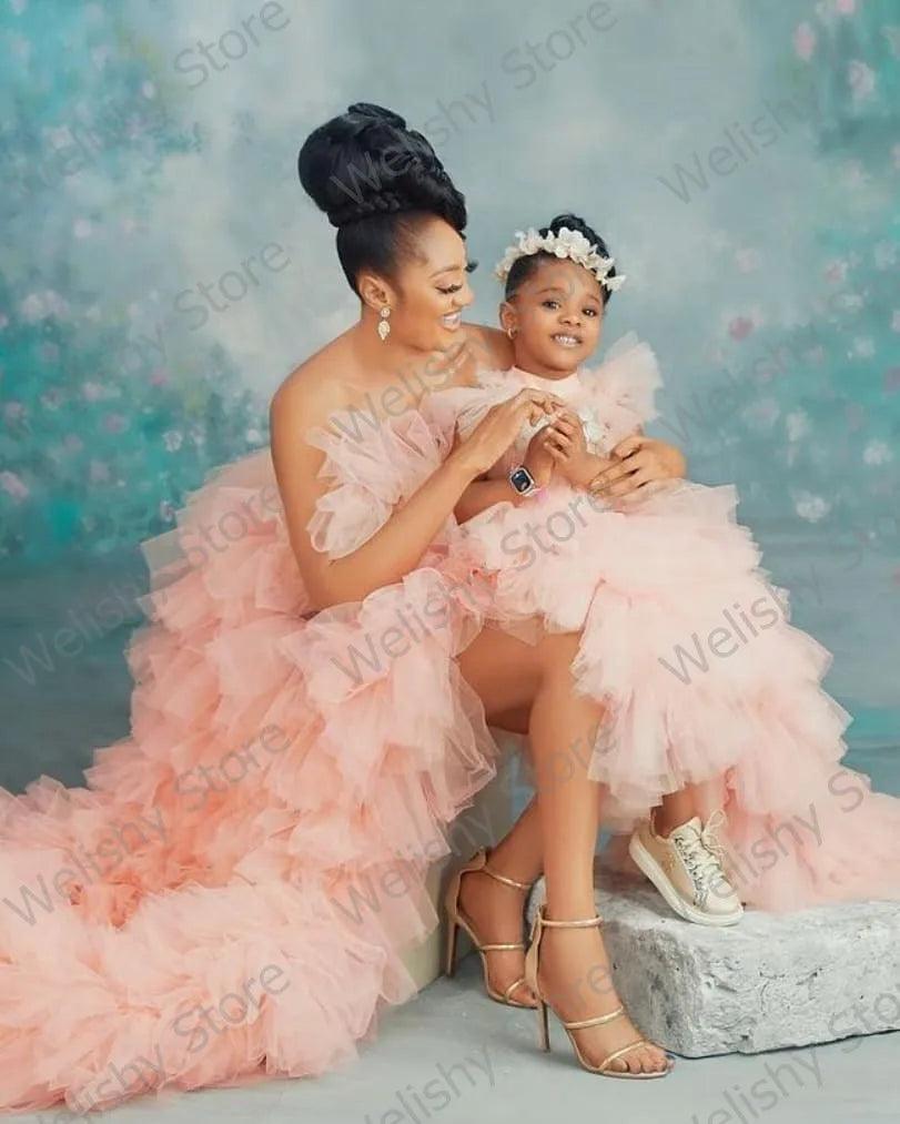 Puffy Hi-Low Tulle Dresses for Mother and Daughter - Matching Outfits for Family Photoshoots, Birthday Parties & Special Occasions