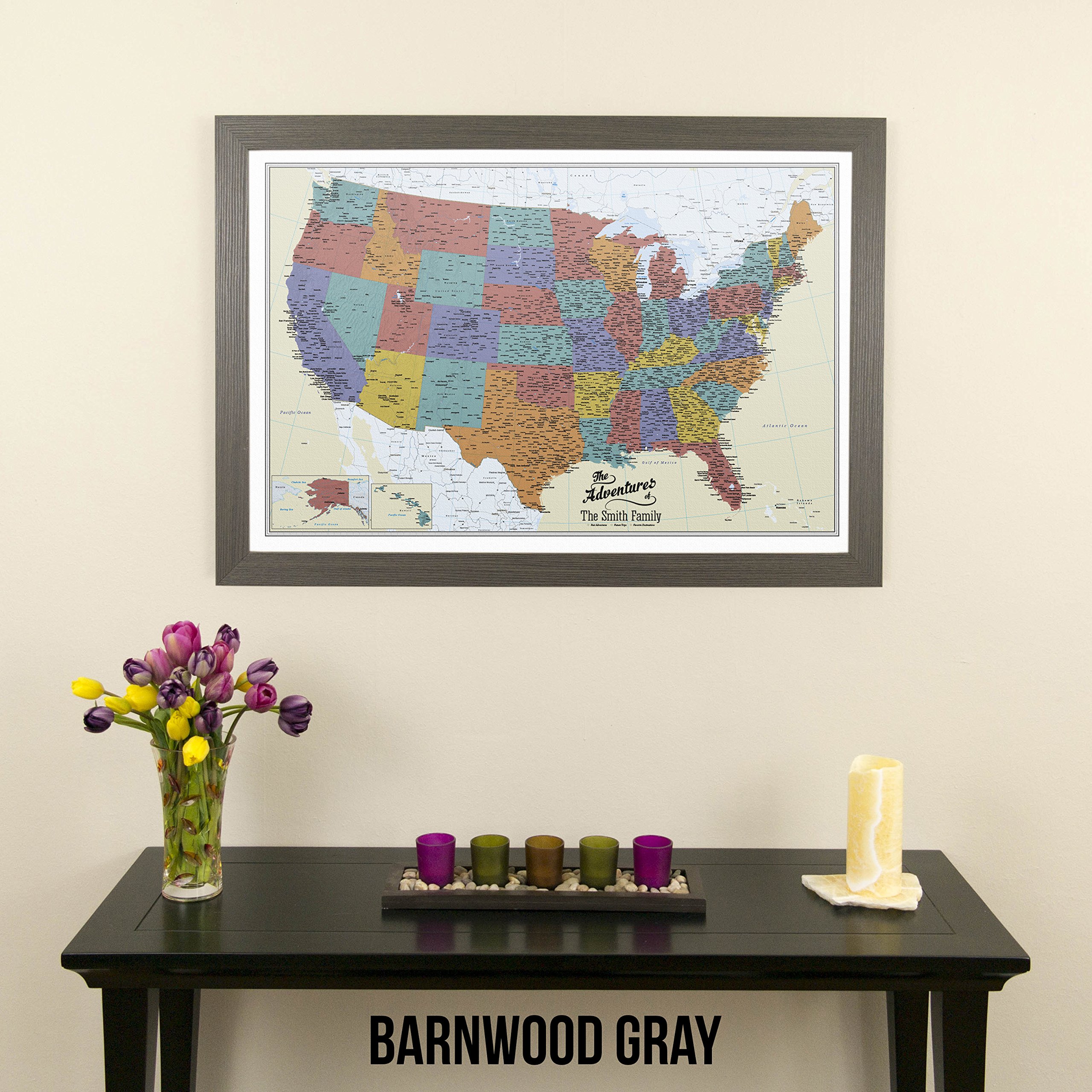 Personalized Push Pin Travel Map - Tan Oceans USA Design with Barnwood Gray Frame - Perfect for Home Decor, Travel Gifts & Adventure Planning
