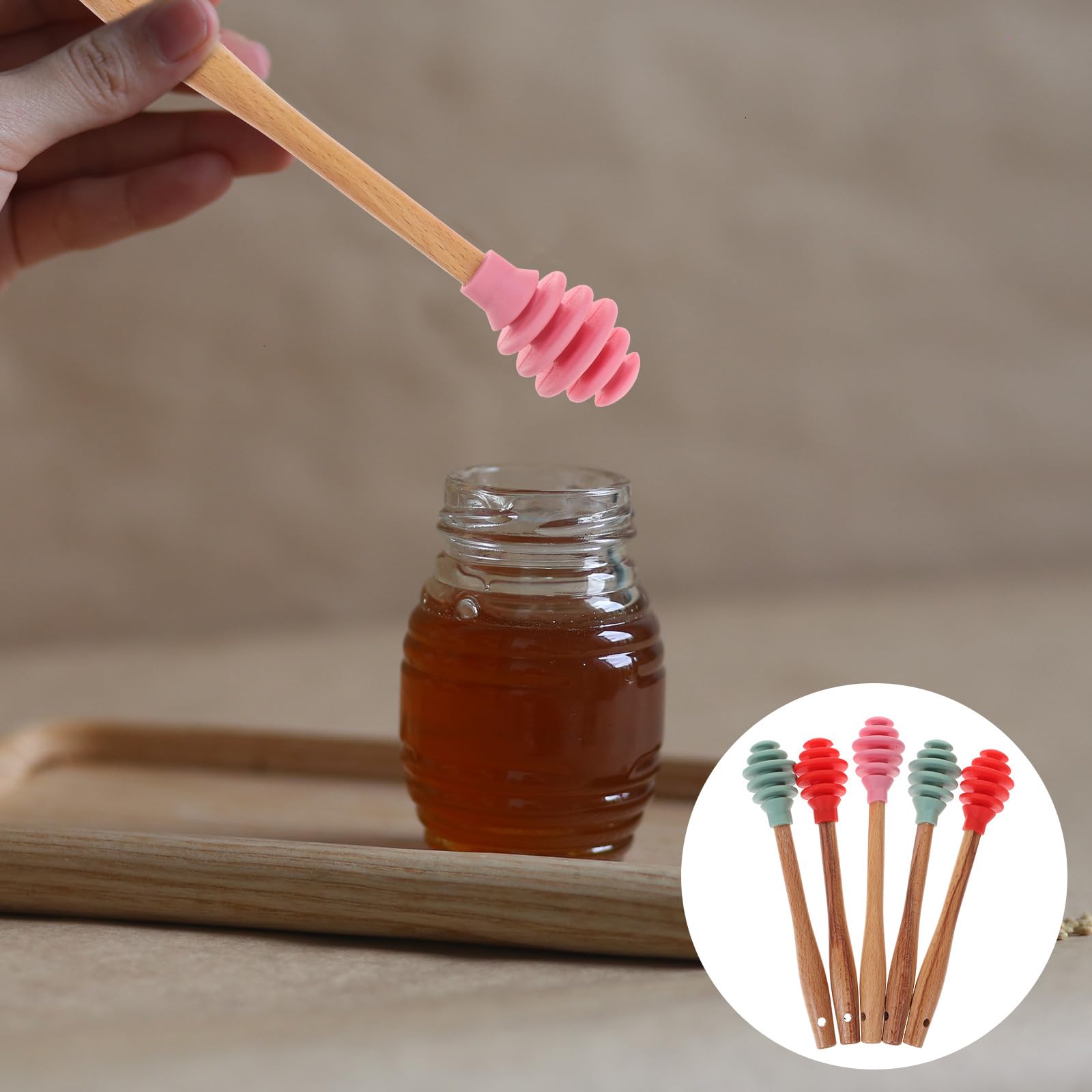 5pcs Silicone Honey Sticks - Non-Stick Honey Spoon & Dipper Set, Reusable Honey Comb Sticks, Honey Wand & Server for Tea, Charcuterie Boards, Cheese Platters & Breakfast - Perfect for Drizzling, Serving & Decorating