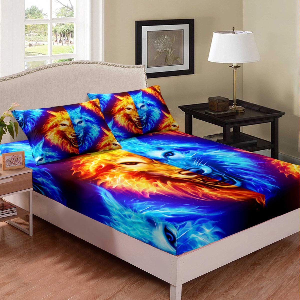 Erosebridal Wolf Tribal Animal Print Fitted Sheet Set - Queen Size Ice & Fire Bedding for Kids, Boys & Teens - 3 Piece Bohemian Style Bedroom Decor (No Top Sheet) - Perfect for Teen Rooms, Dorm Decor & Wild-Themed Bedrooms