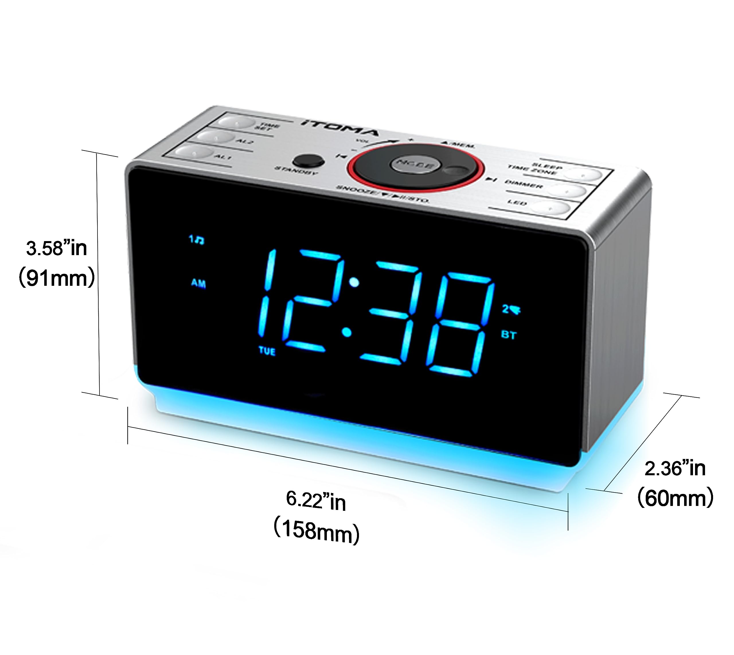 iTOMA CKS708 Bluetooth Alarm Clock Radio with FM, Dual Alarm & Snooze, Large LED Display, Dimmer Control, USB Charger & Night Light - Perfect for Bedroom, Office, and Travel