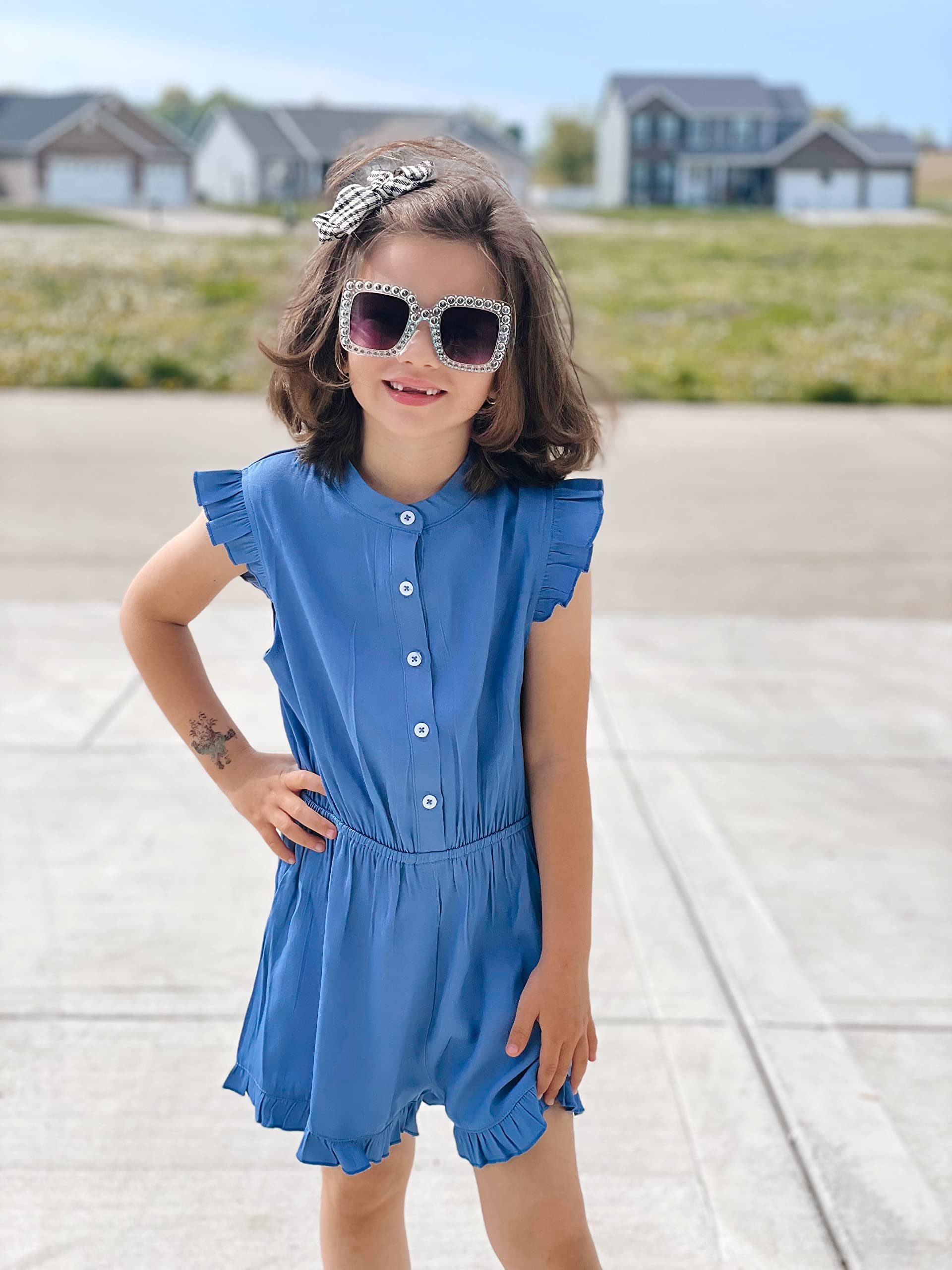 Goranbon Girls' Romper - Cute Kids Jumpsuit with Button Down & Ruffle Sleeveless Design | Perfect Summer Outfit for Playdates & Beach Vacations