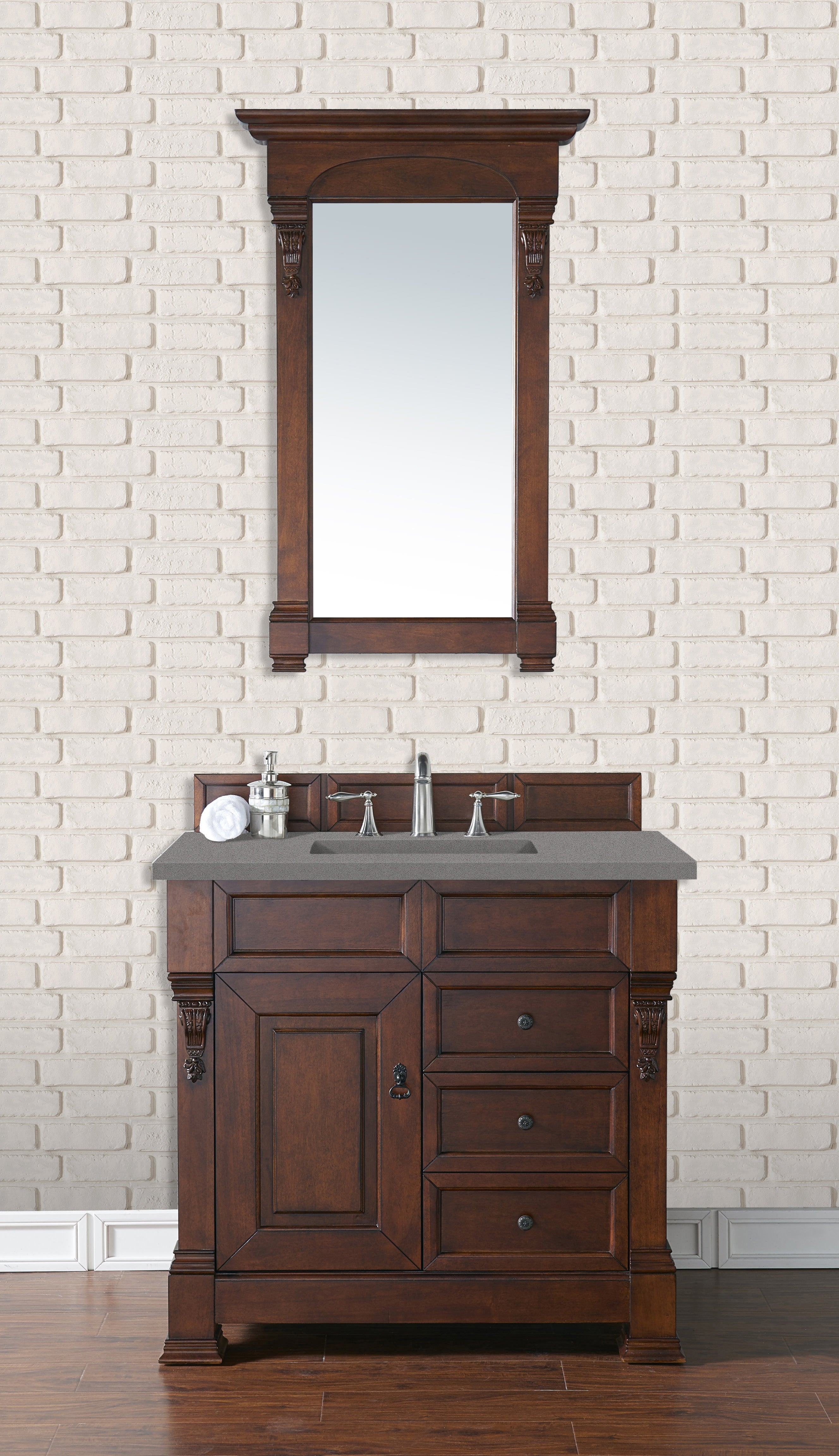 Brookfield 36 Inch Single Bathroom Vanity with Warm Cherry Finish & 3CM Grey Expo Quartz Countertop - Perfect for Modern Master Bathrooms and Guest Suites