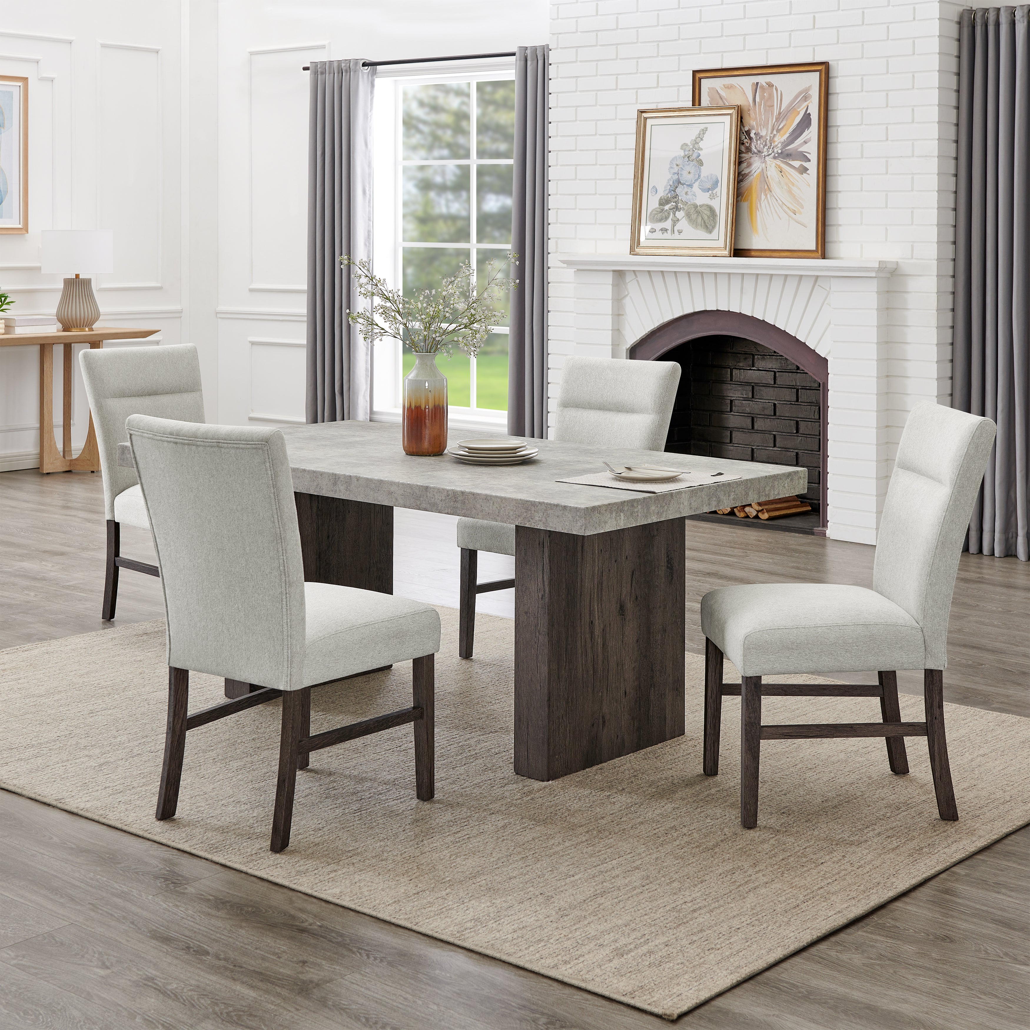Roundhill Furniture Sorlen Modern 5-Piece Dining Set - 3D Faux Concrete Table with 4 Upholstered Chairs for Kitchen, Dining Room & Small Space | Indoor Use Only