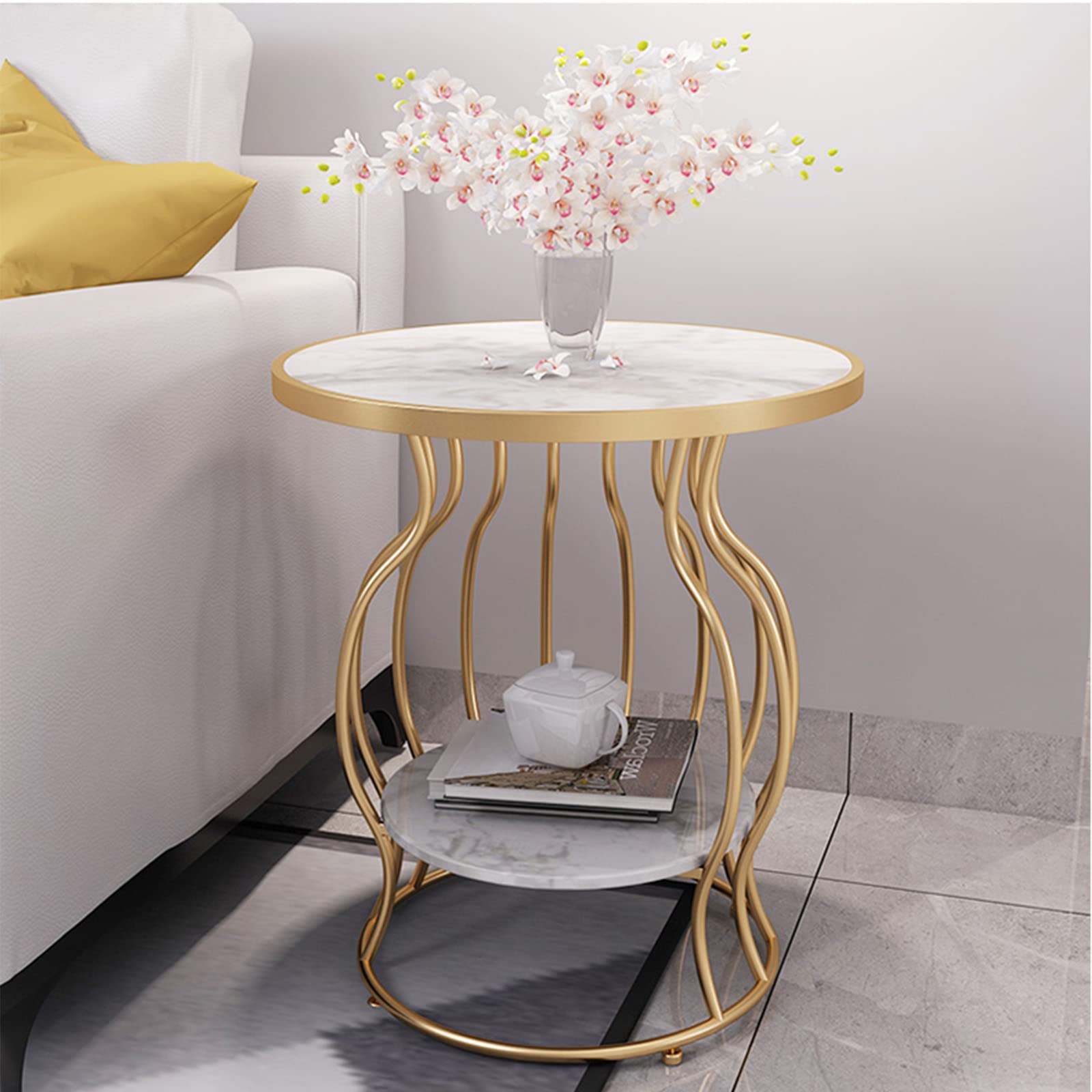 Modern Round Coffee Table with Faux Marble Top & 2-Tier Storage Shelf - Black Living Room Sofa Table for Small Spaces, Home Decor, Apartment Furniture | Perfect for Coffee, Books & Remote Storage