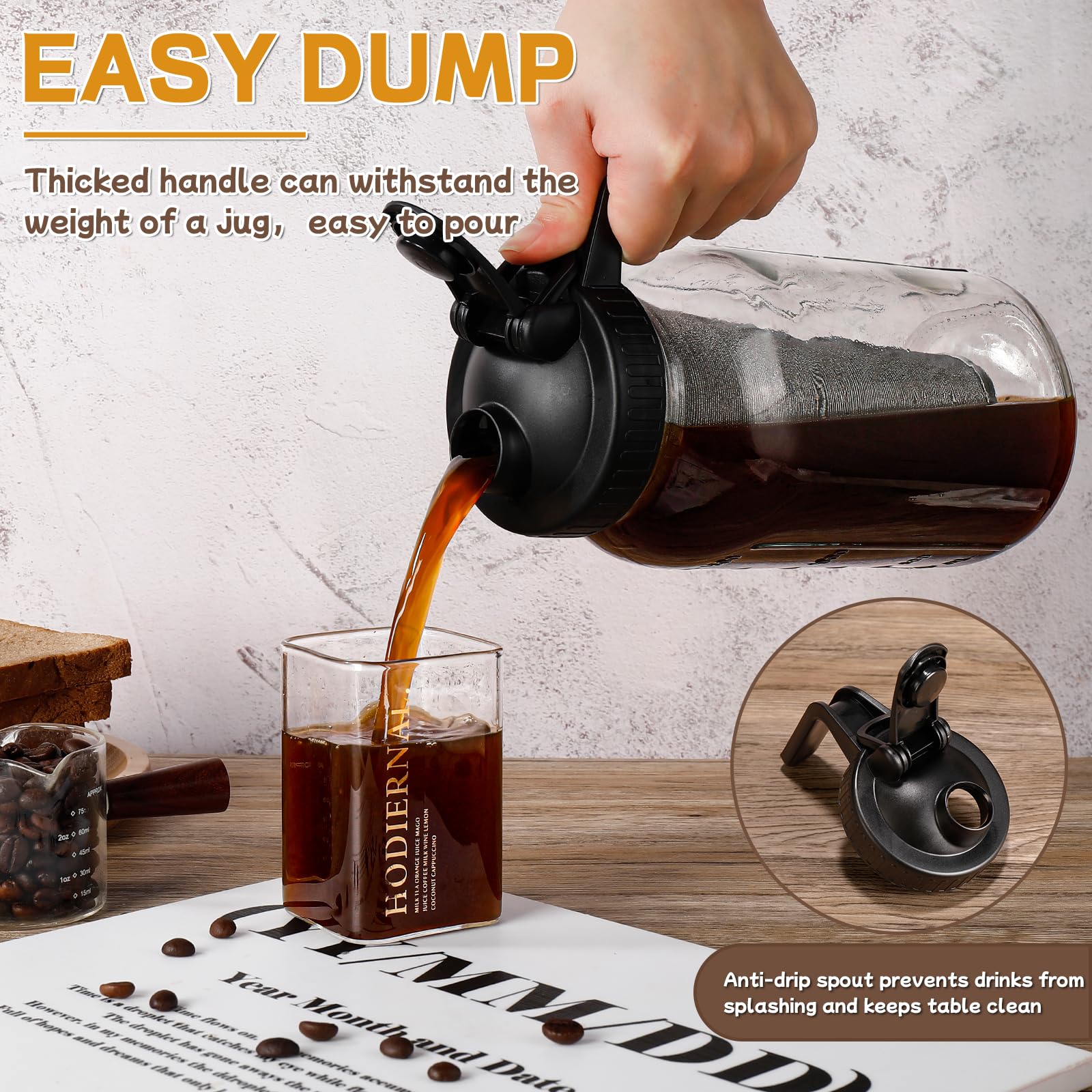 Premium DWTS DANWEITESI 64 oz Cold Brew Coffee Maker - 2-Quart Wide Mouth Mason Jar Pitcher with Stainless Steel Filter, Lid & Spout - Perfect for Iced Coffee, Cold Brew Concentrate & Homemade Coffee Drinks at Home, Office or Camping