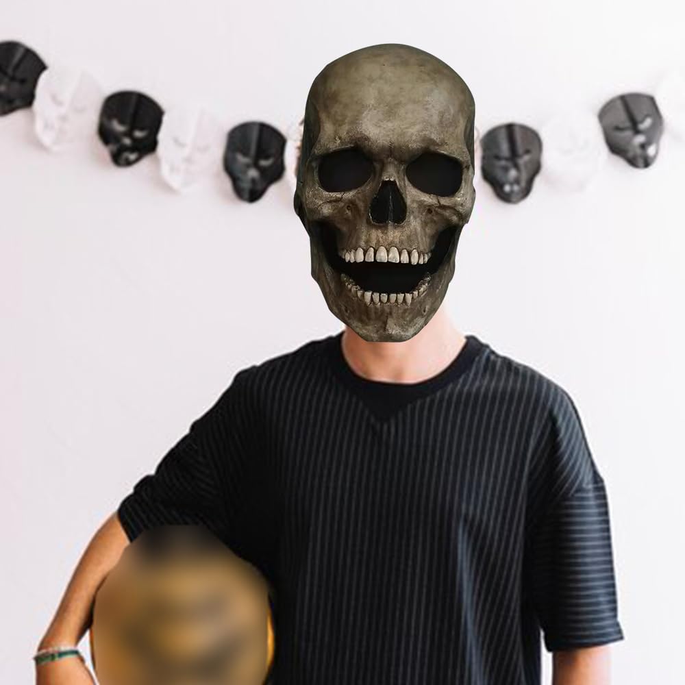 2024 New Full Head Skull Mask with Movable Jaw - Scary Halloween Mask for Costume Parties & Decorations (Grey) | Perfect for Halloween, Cosplay, Horror Events & Themed Parties