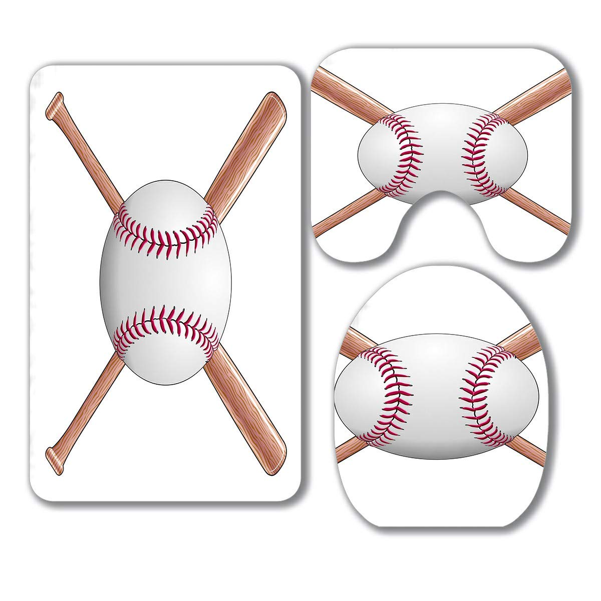 ECZJNT Baseball Theme Bathroom Set - 3 Piece Rugs with Crossed Wooden Bats Design, Contour Mat & Toilet Cover | Non-Slip Bath Mat for Baseball Fans, Kids Room Decor, Sports Themed Bath Accessories