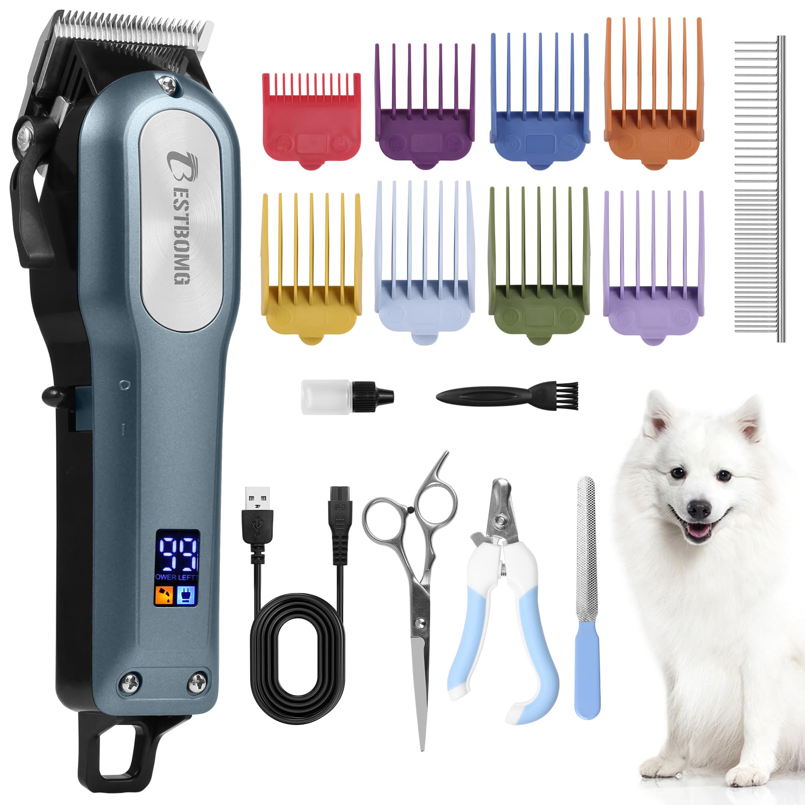 BestBOMG Professional Dog Grooming Clippers - Low Noise High Power Rechargeable Pet Clippers for Thick Heavy Coats with LED Display - Cordless Dog & Cat Hair Trimmer for Small & Large Pets - Perfect for Home Grooming & Professional Pet Salons