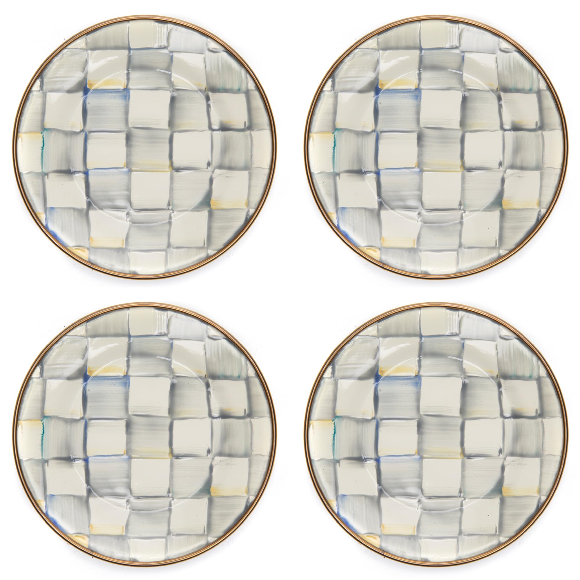 MACKENZIE-CHILDS 4-Piece Enamel Appetizer Plates Set - 5 Inch Mini Dessert Plates in Elegant Gray & White Sterling Check Pattern - Perfect for Parties, Afternoon Tea, and Small Bite Serving