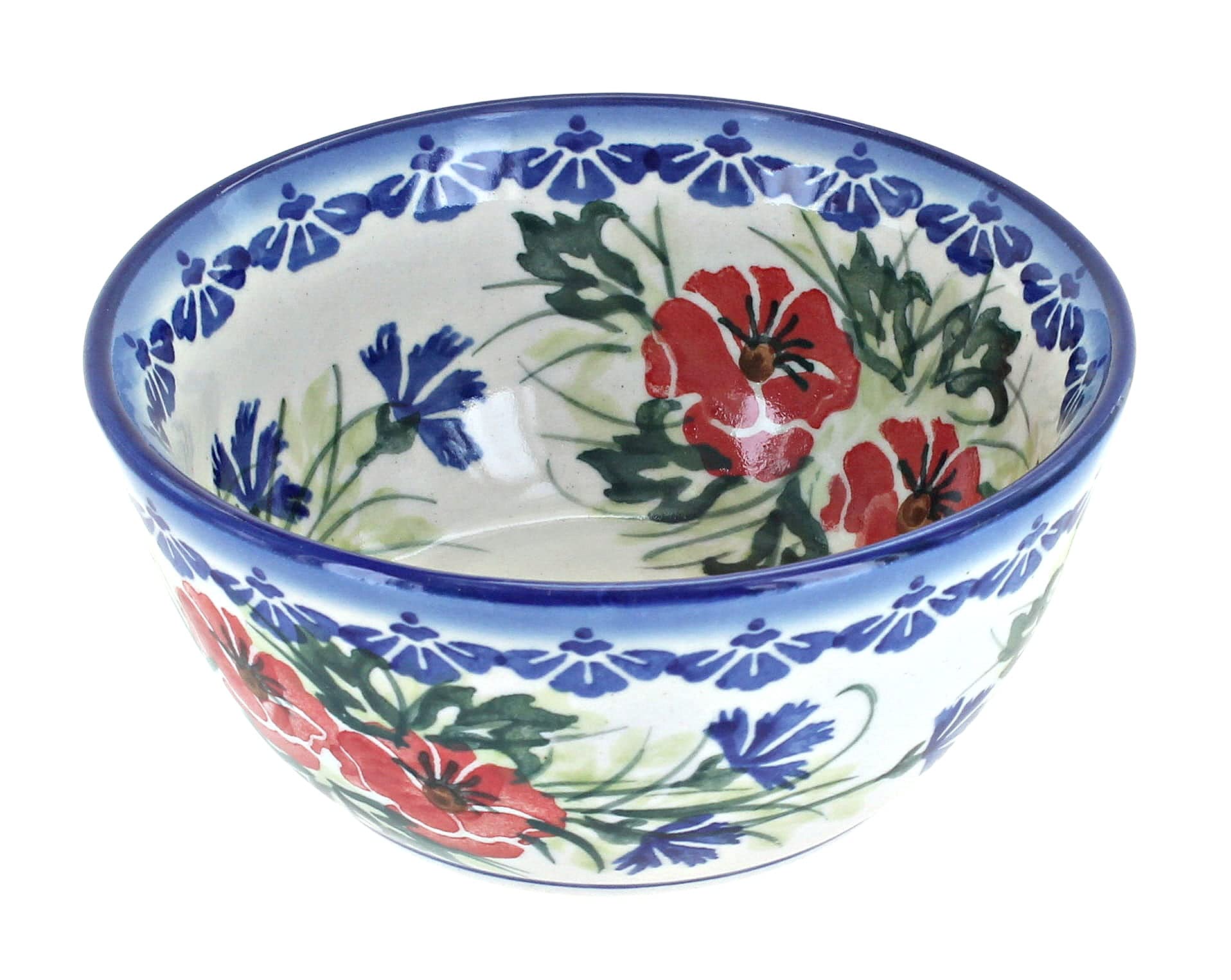 Handmade Blue Rose Polish Pottery Dessert Bowl - Cherry Red Floral Design for Cake, Ice Cream & Fruit Serving | Elegant Tableware for Parties, Weddings & Home Decor