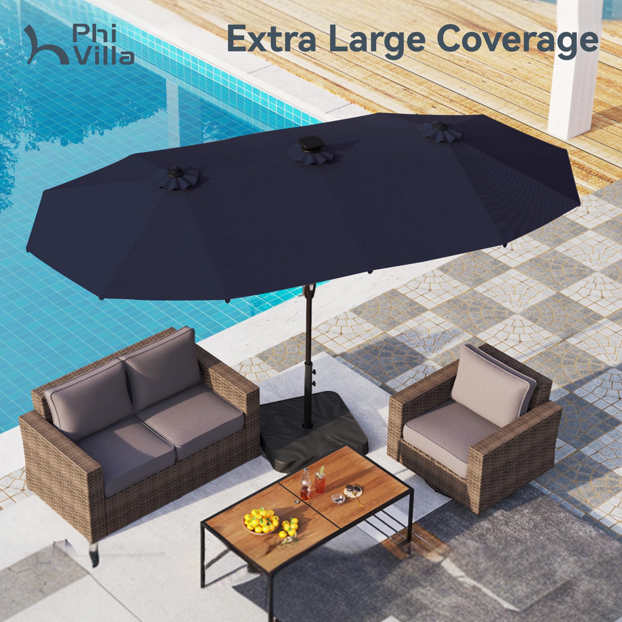 PHI VILLA 13ft Large Outdoor Patio Umbrella with 120 Solar LED Lights - Double-Sided Rectangle Market Umbrella for Deck, Garden, Poolside (Navy Blue, Base Not Included) | Perfect for Backyard, BBQ, and Outdoor Dining