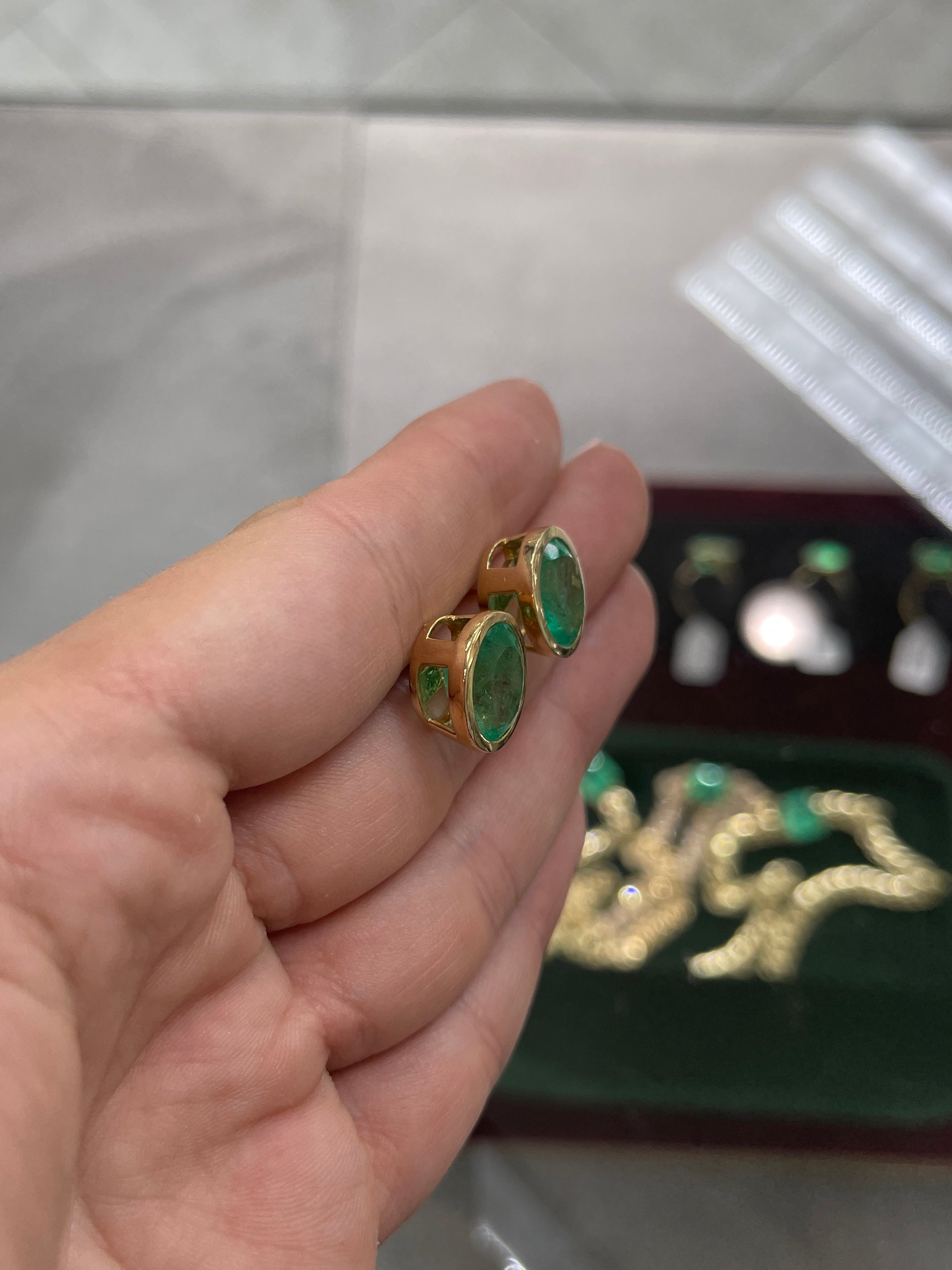 10.45tcw Colombian Emerald Oval Cut Bezel Set Earrings in 14K Gold - Vintage Heirloom Jewelry for Weddings & Special Occasions