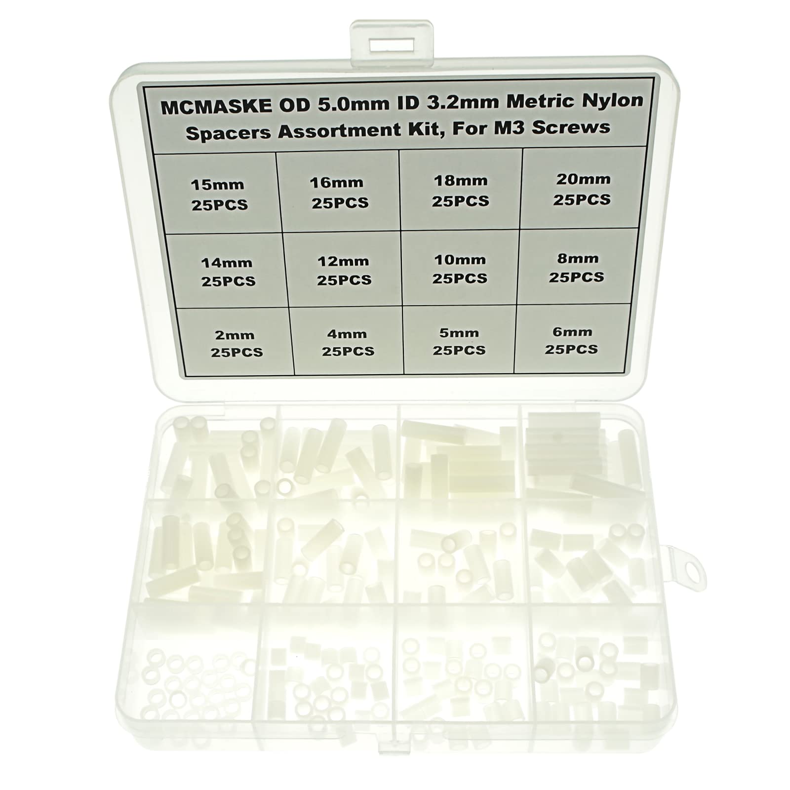 300PCS Nylon Round Unthreaded Spacers Standoffs Assortment Kit - OD 5mm ID 3.2mm for M3 Screws, Wall Plate Spacers, Clearance Spacers (White) - Perfect for Electronics, DIY Projects, 3D Printing & Furniture Assembly