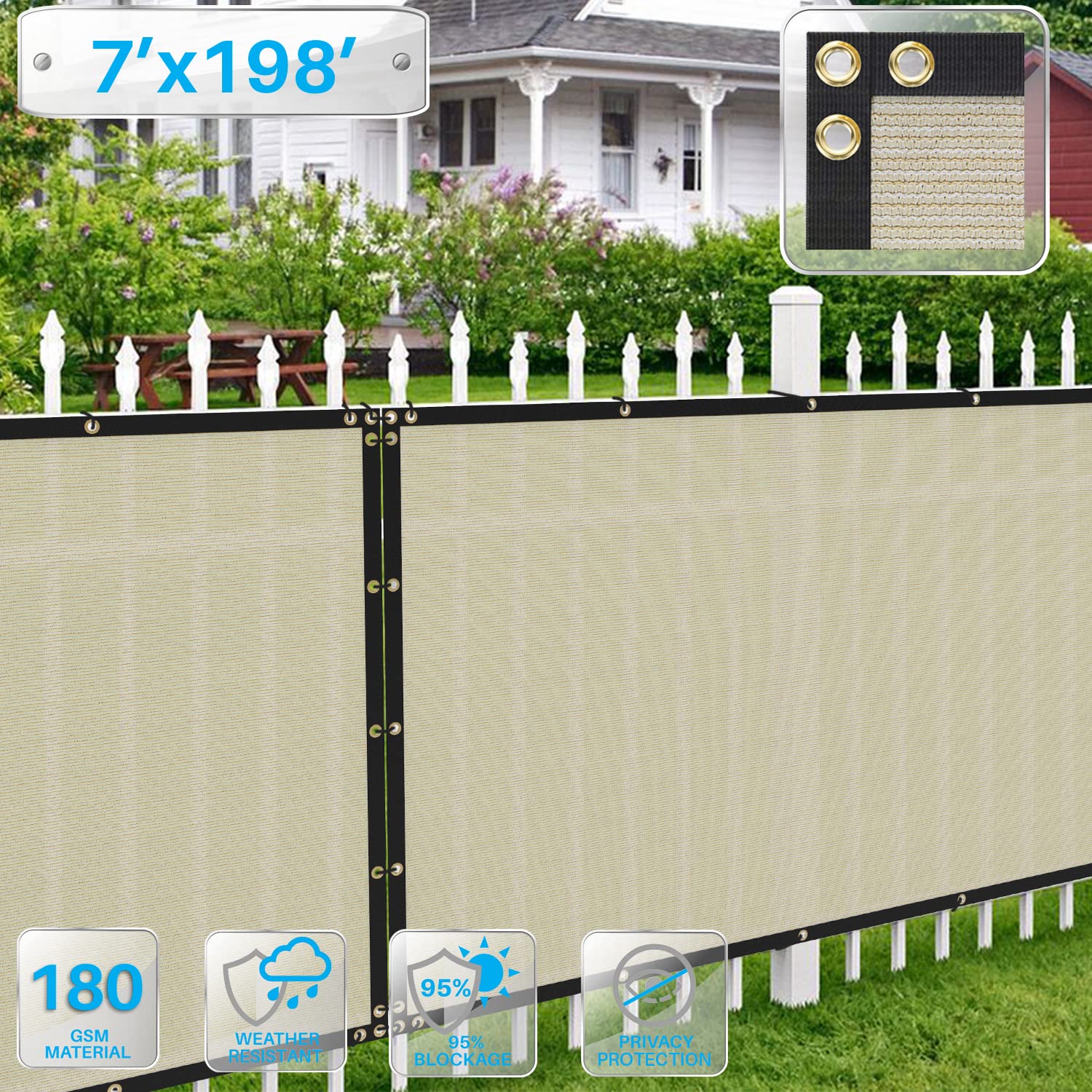 7'x198' Beige Privacy Screen Fence - UV Blocking Mesh Shade Net with Brass Grommets for Garden & Backyard