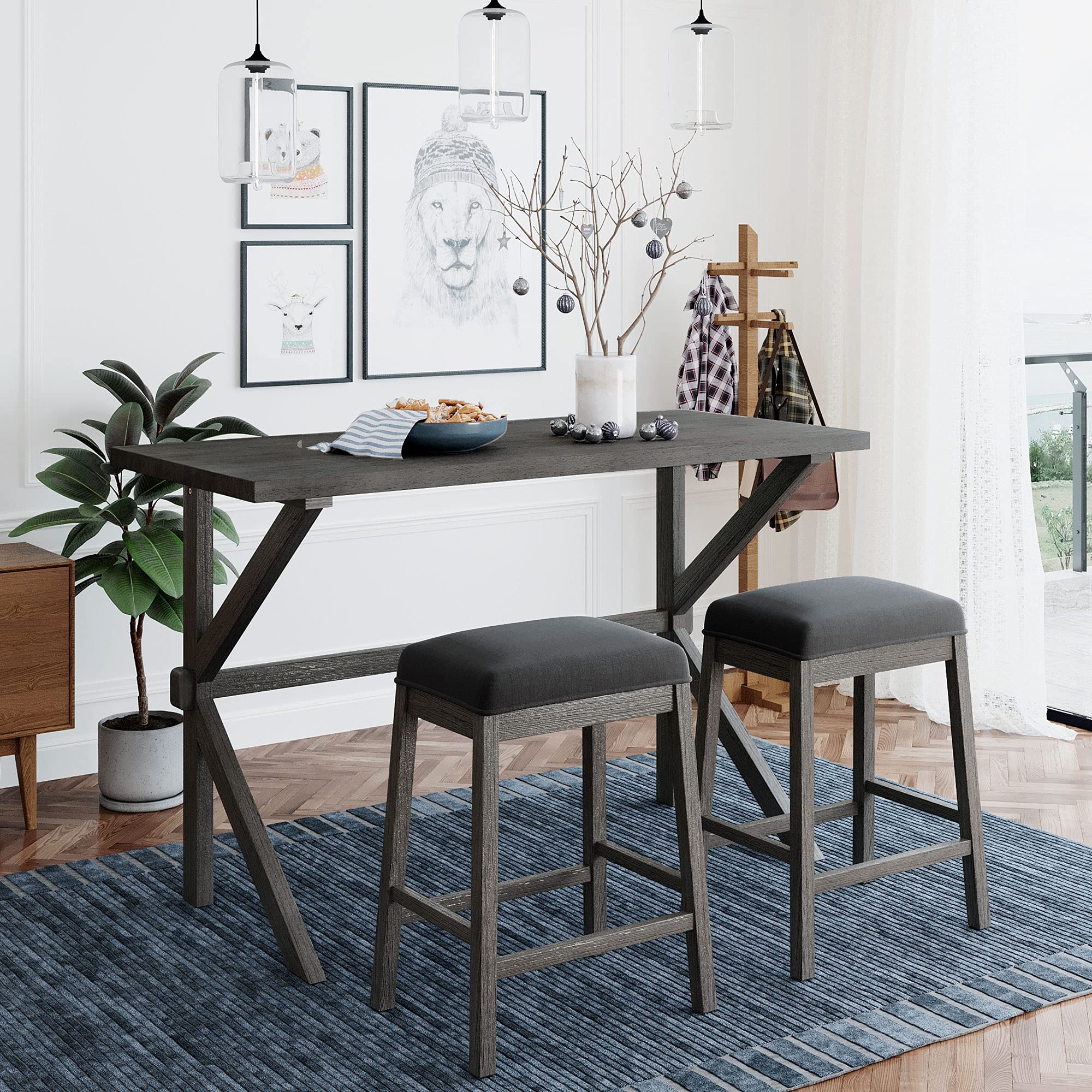 Rustic Farmhouse 3-Piece Counter Height Dining Table Set with 2 Stools - Gray Wood Kitchen Table & Gray Cushion Stools for Small Spaces | Perfect for Breakfast Nooks, Studio Apartments & Cozy Kitchens