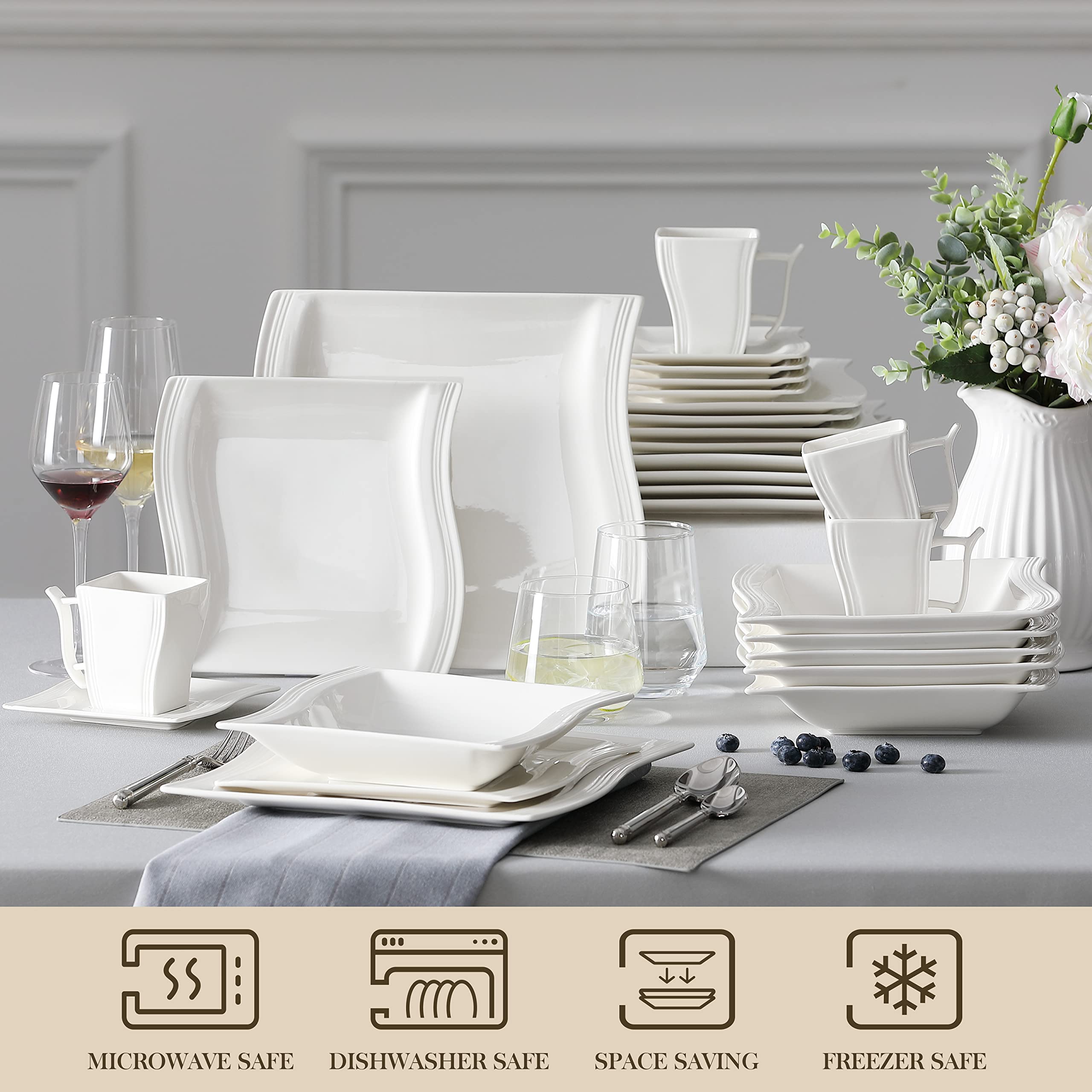 MALACASA 30-Piece Ivory White Porcelain Dinnerware Set - Square Plates & Bowls for 6, Modern Dish Set, Microwave & Dishwasher Safe Kitchen Dishware (Flora Series) - Perfect for Family Dinners, Restaurants, and Special Occasions