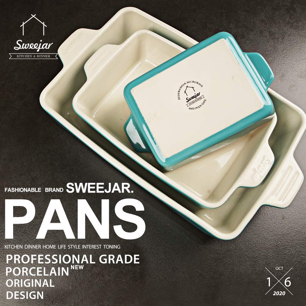 Sweejar 11.8 x 7.8 x 2.76 Inch Ceramic Baking Dish Set - Oven Safe Rectangular Casserole Pan for Lasagna, Cakes, Roasts & More | Perfect for Home Cooking, Dinner Parties & Holiday Meals (Turquoise)