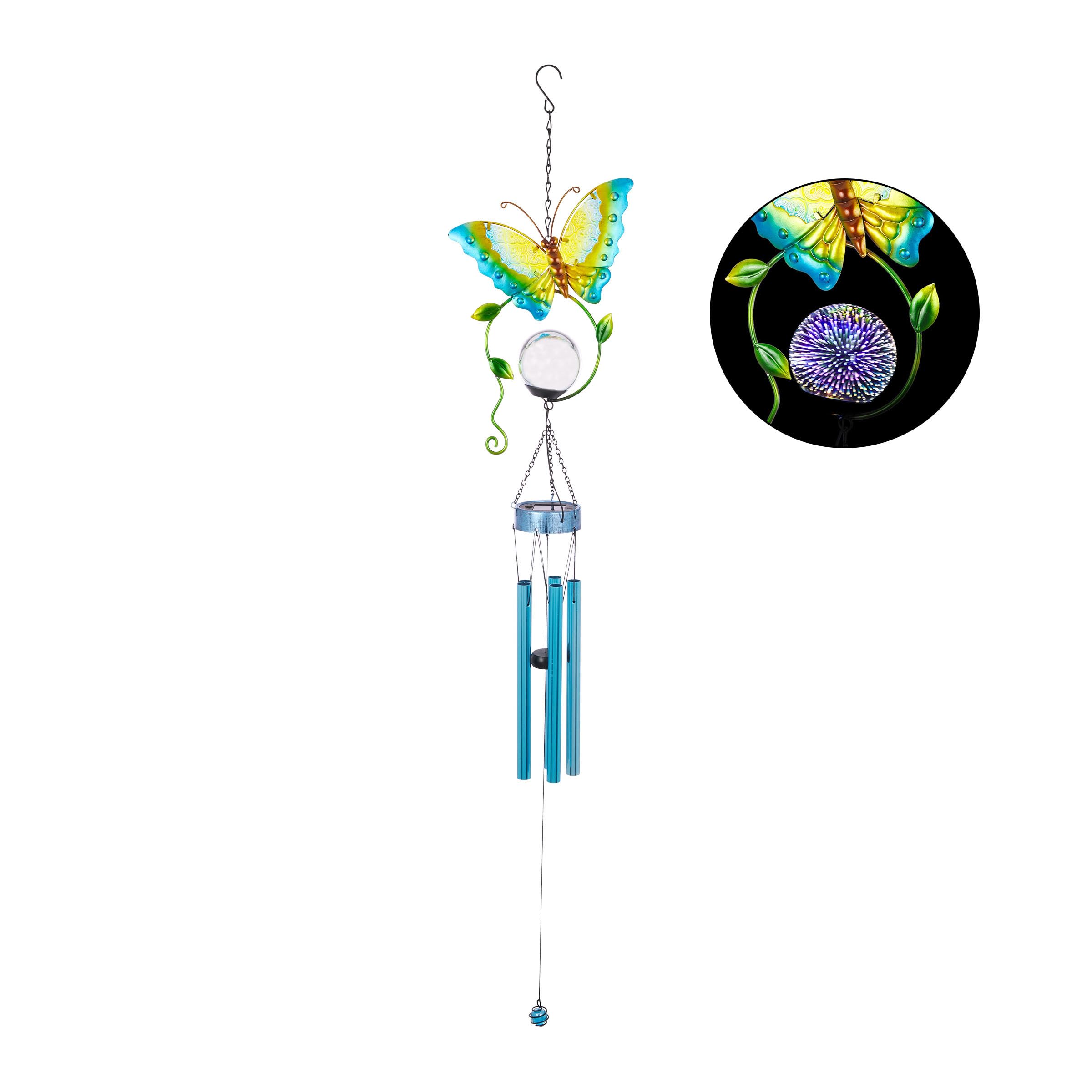 Alpine Corporation 48 Inch Blue Solar-Powered LED Butterfly Metal Wind Chime for Outdoor Garden, Patio, and Backyard Decor - Perfect for Relaxing Ambience and Nighttime Illumination