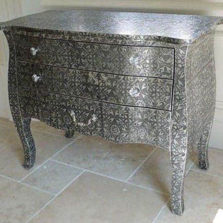 Hand Embossed Blackened Silver 3-Drawer Metal Dresser - Vintage Style Storage for Bedroom, Living Room & Office Organization