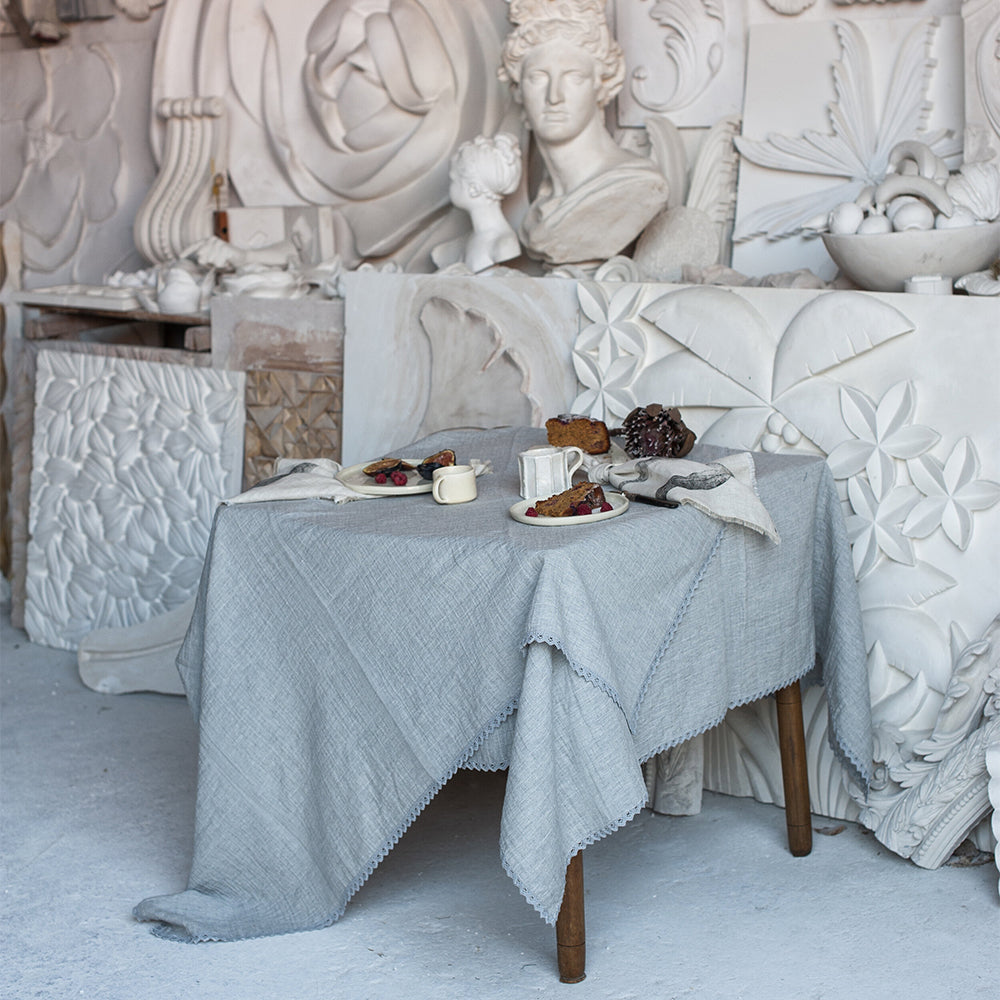 Elegant Pointelle Lace Table Runner - Grey Lace Tablecloth for Dining Room Decor, Wedding Reception, and Special Occasions